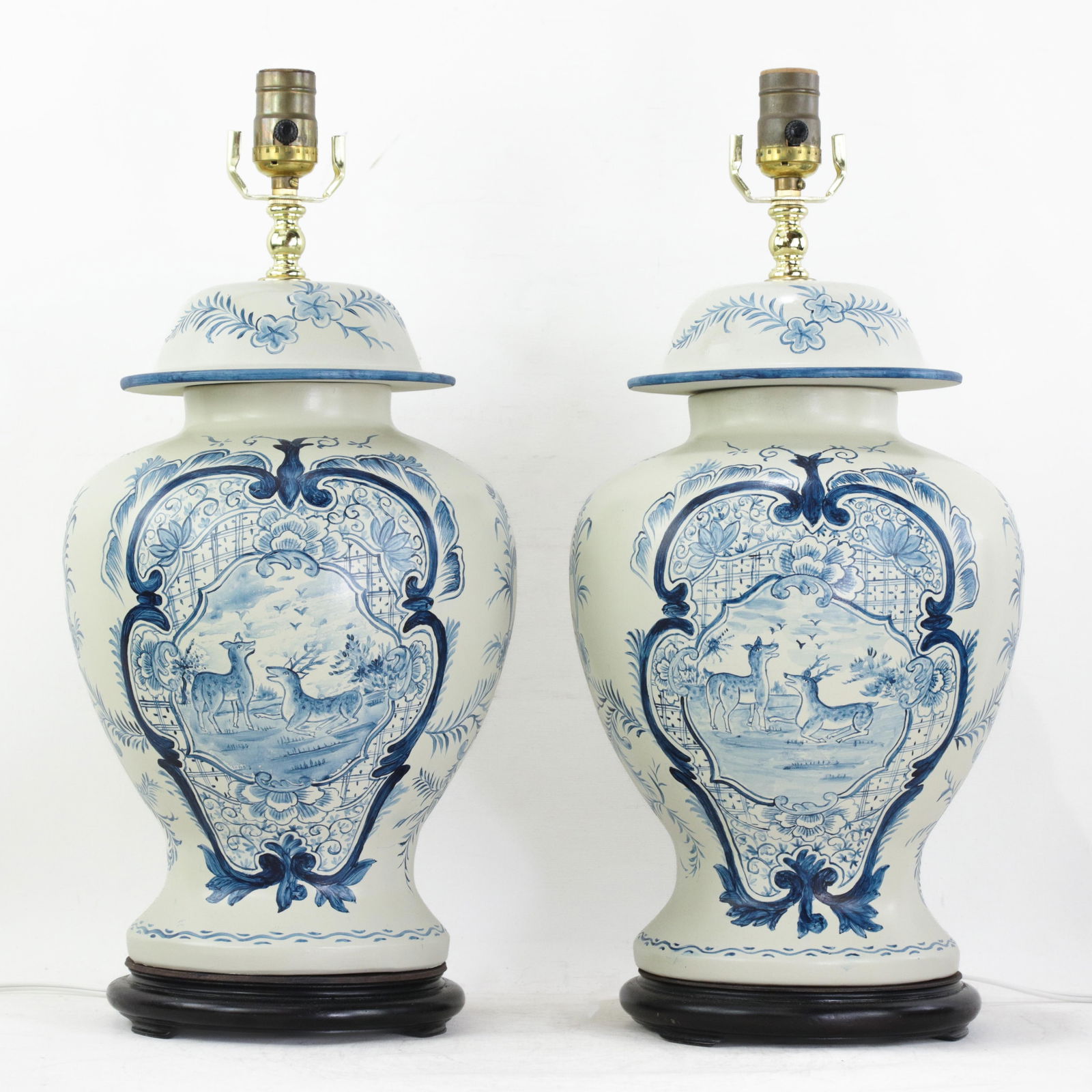 Pair of Vintage Hand Painted Blue and Cream Ceramic Ginger Jar Table Lamps With Deer and Floral Folk - 15