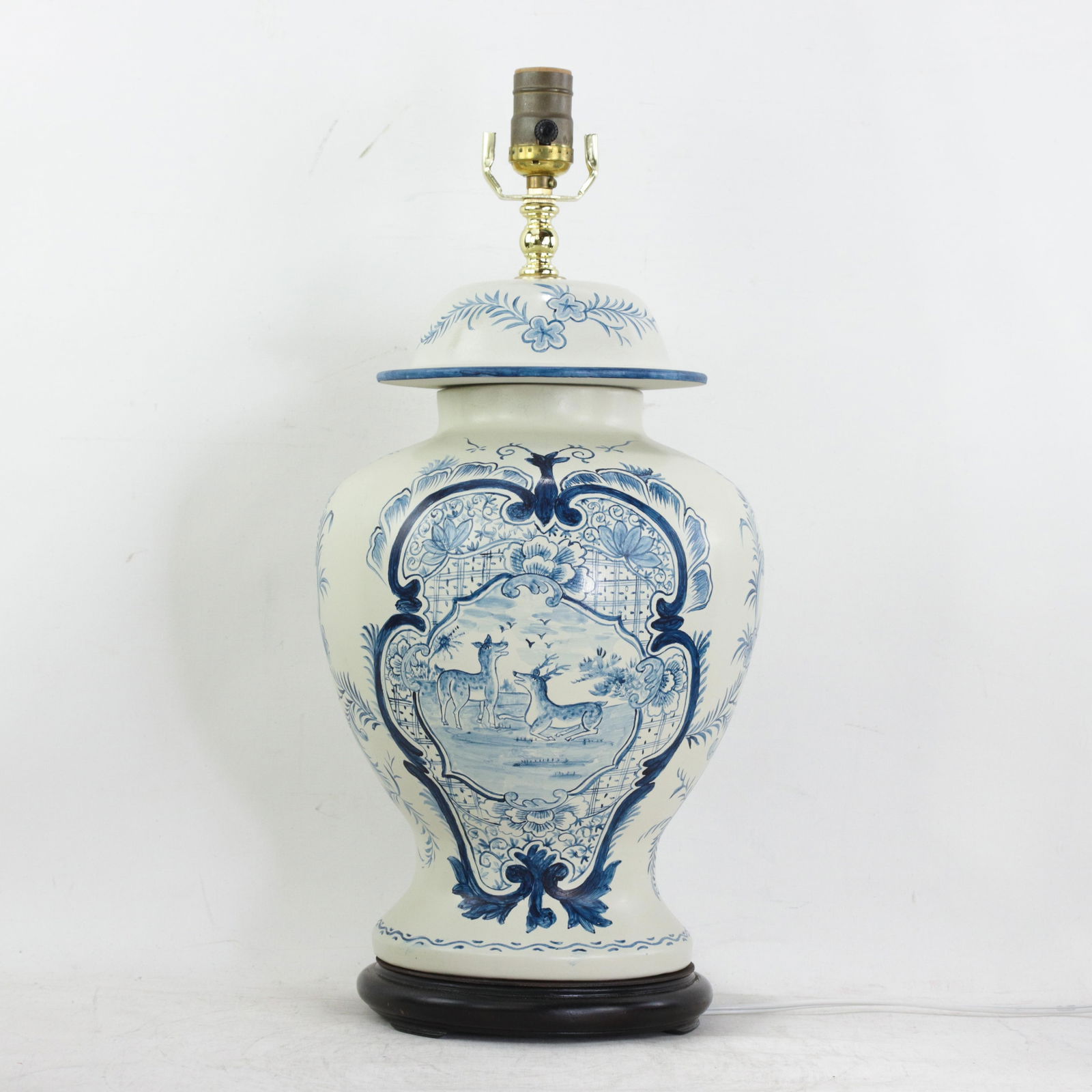 Pair of Vintage Hand Painted Blue and Cream Ceramic Ginger Jar Table Lamps With Deer and Floral Folk - 2