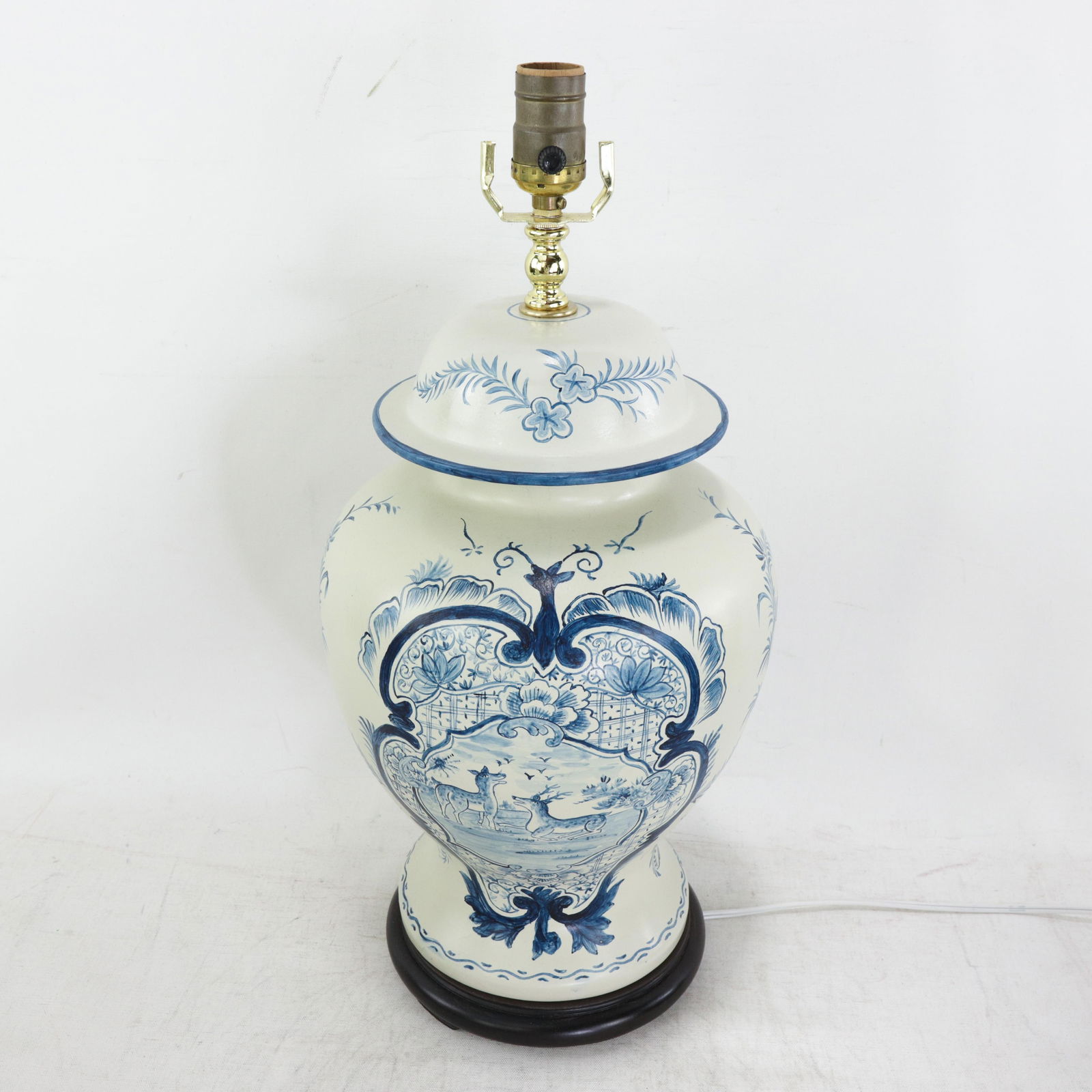 Pair of Vintage Hand Painted Blue and Cream Ceramic Ginger Jar Table Lamps With Deer and Floral Folk - 3