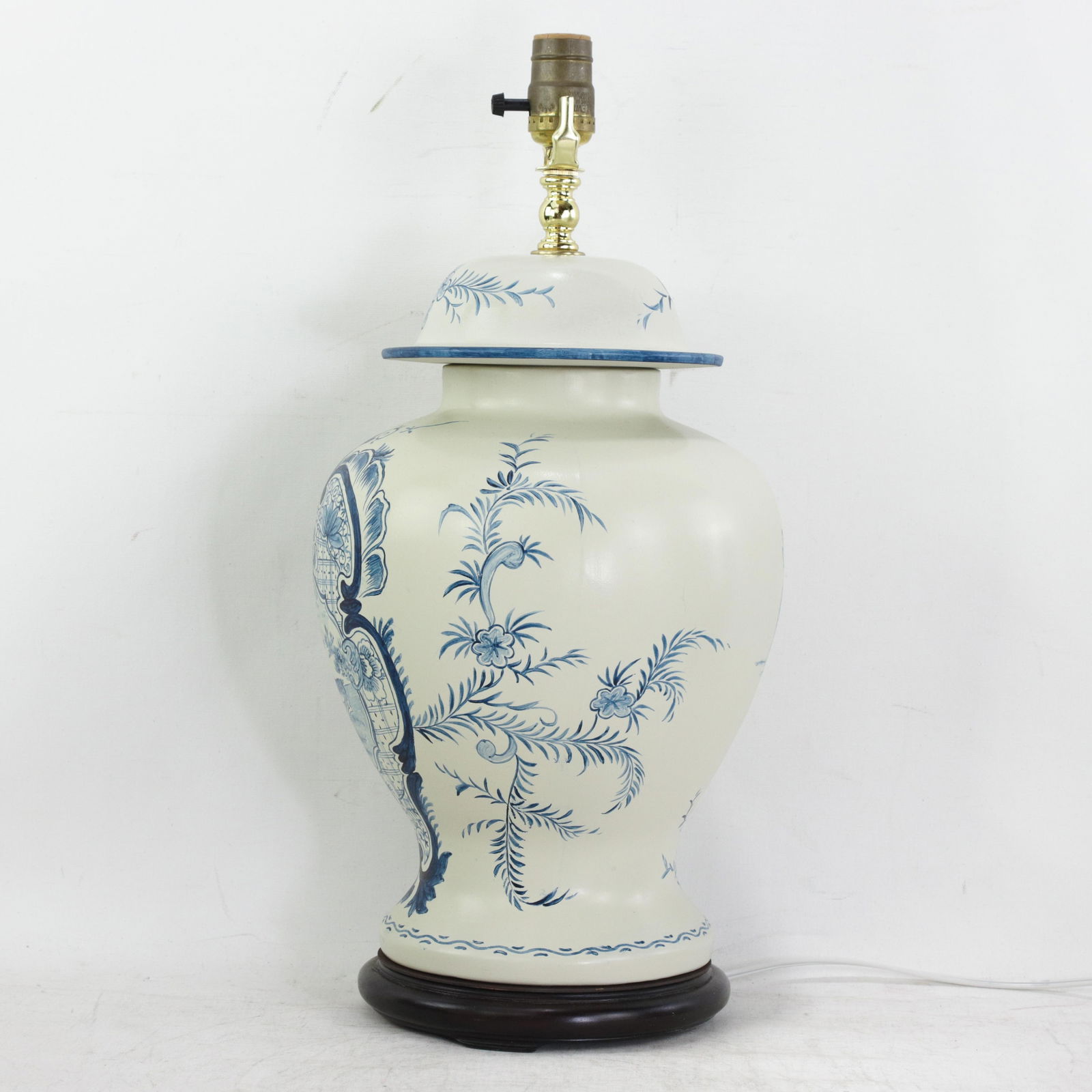 Pair of Vintage Hand Painted Blue and Cream Ceramic Ginger Jar Table Lamps With Deer and Floral Folk - 4