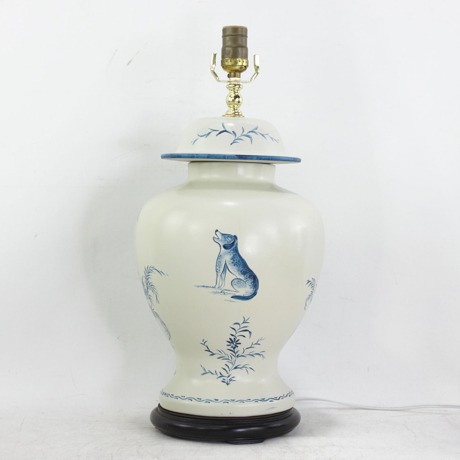 Pair of Vintage Hand Painted Blue and Cream Ceramic Ginger Jar Table Lamps With Deer and Floral Folk - 5