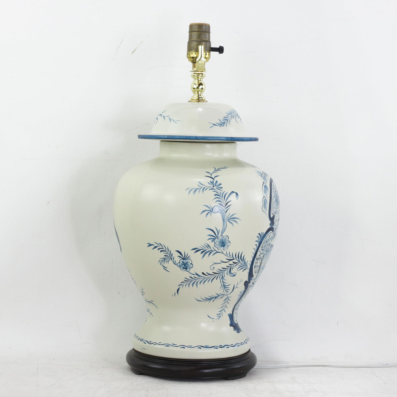 Pair of Vintage Hand Painted Blue and Cream Ceramic Ginger Jar Table Lamps With Deer and Floral Folk - 6