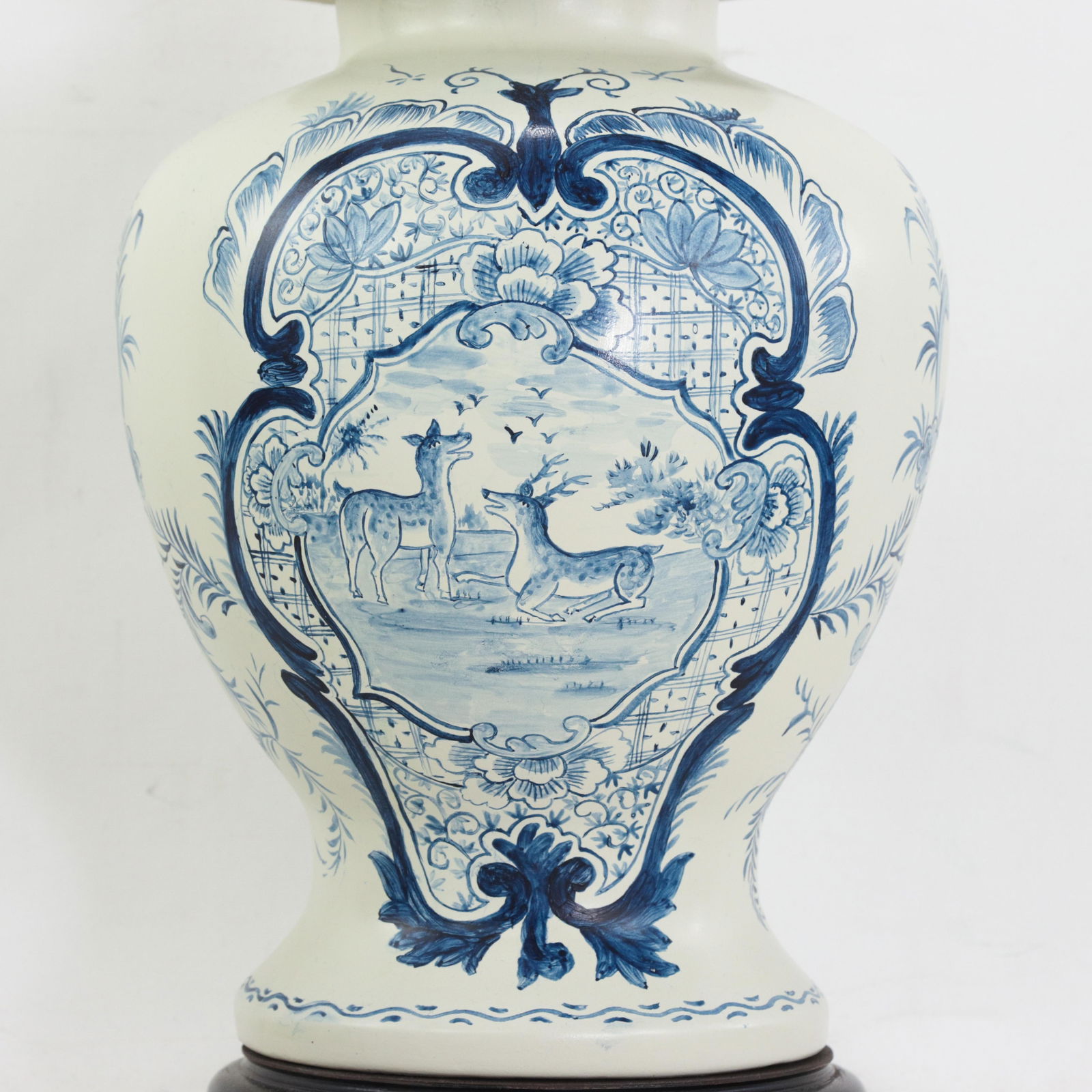Pair of Vintage Hand Painted Blue and Cream Ceramic Ginger Jar Table Lamps With Deer and Floral Folk - 7