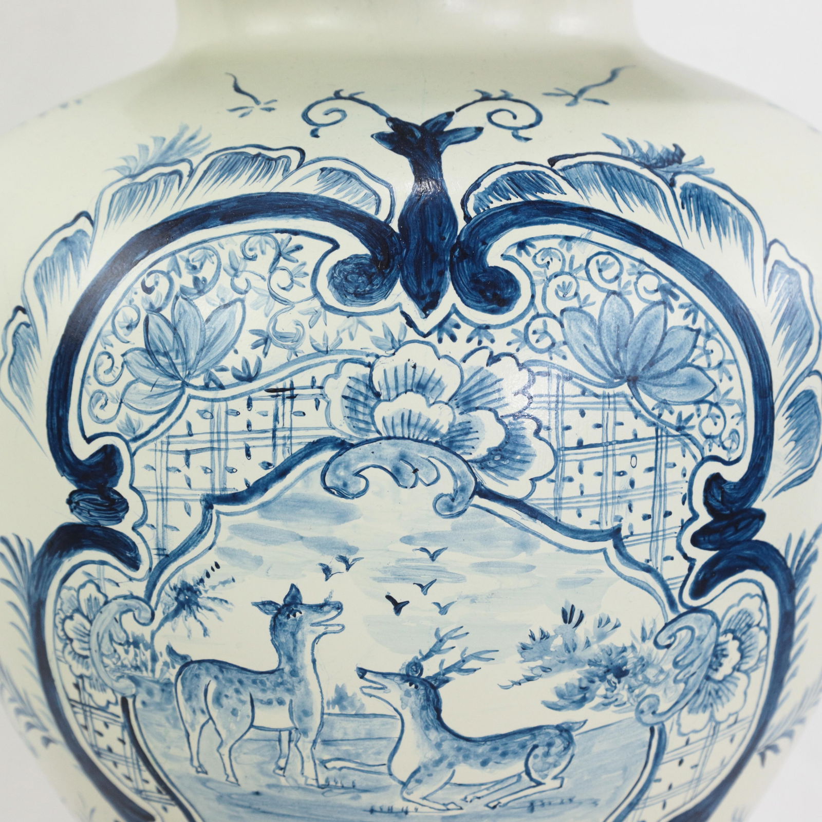 Pair of Vintage Hand Painted Blue and Cream Ceramic Ginger Jar Table Lamps With Deer and Floral Folk - 8