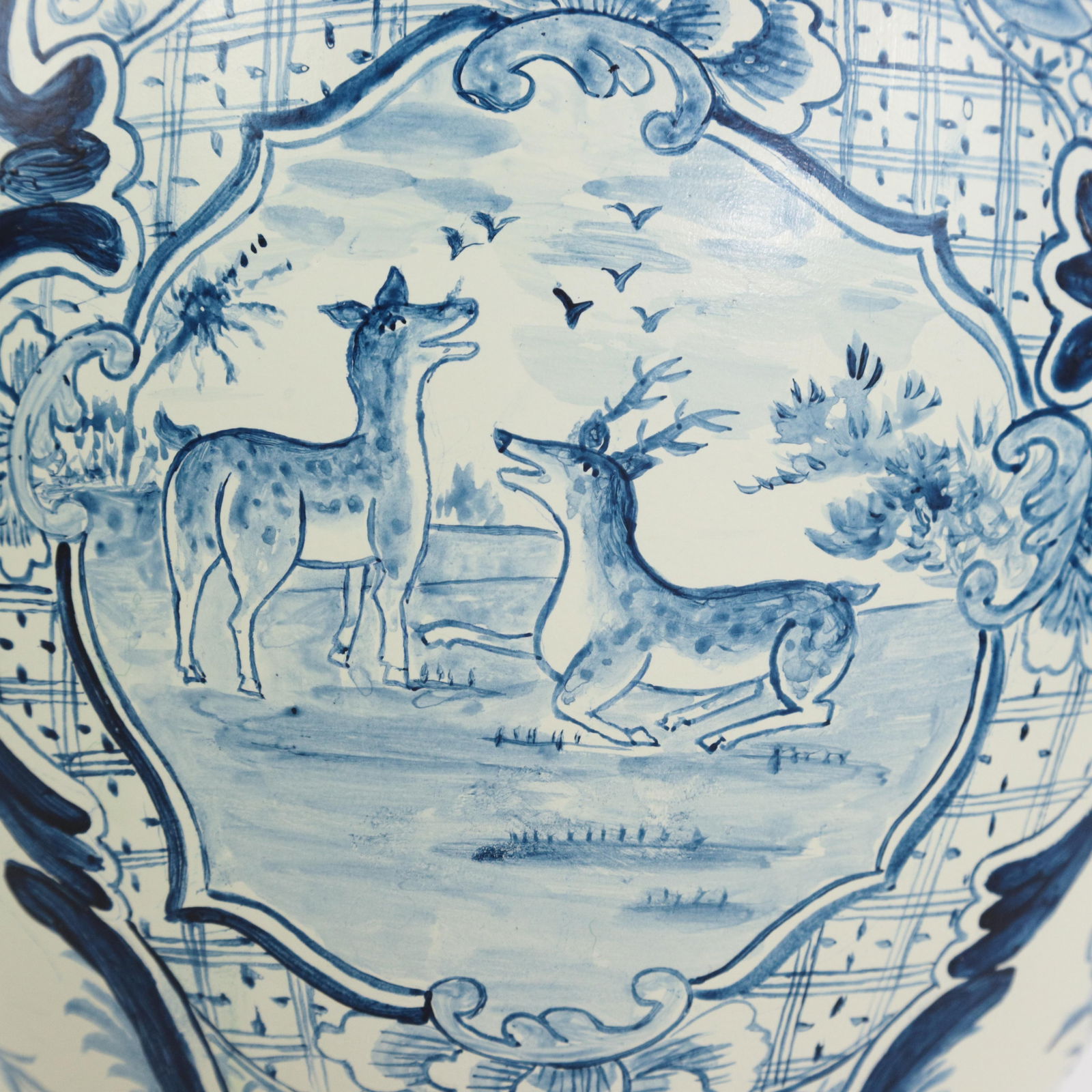 Pair of Vintage Hand Painted Blue and Cream Ceramic Ginger Jar Table Lamps With Deer and Floral Folk - 9