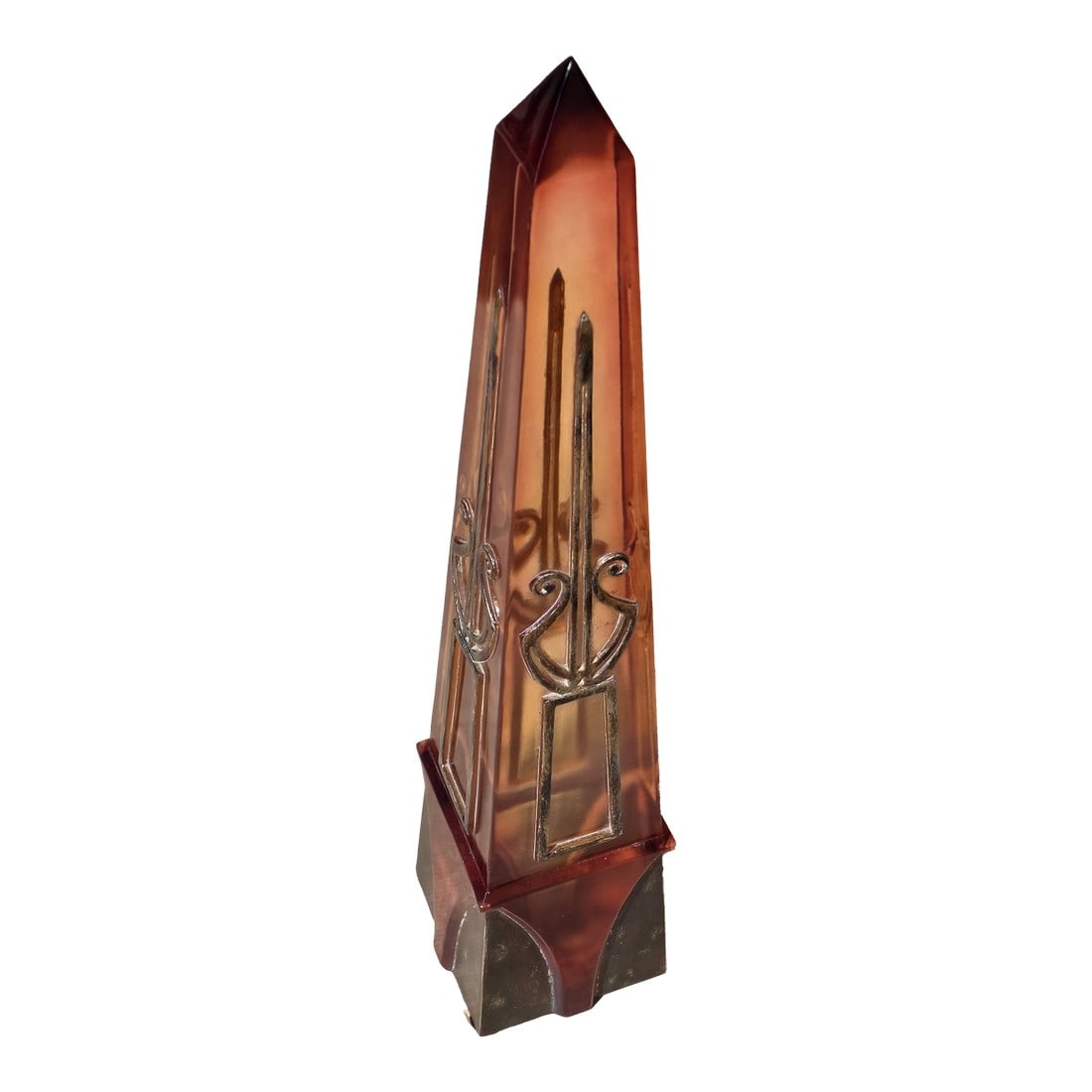 Acrylic Obelisk: Unusual two tone acrylic obelisk with raised details that have a aged silver gilt finish with hents of bronze. Condition: Alterations: Original Condition Unaltered Imperfections: Some