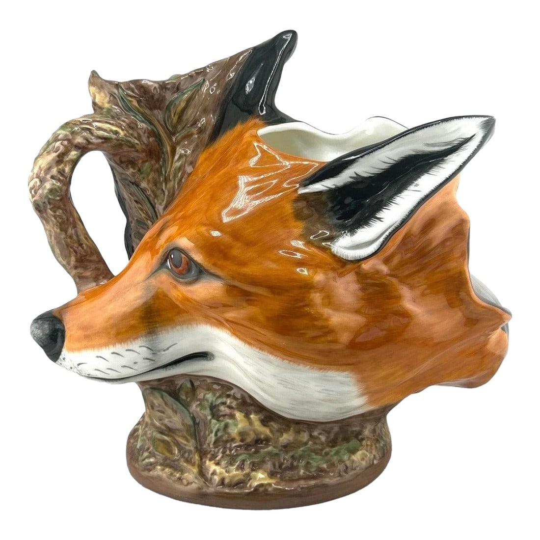 1990s Royale Stratford Double Stirrup Horse & Fox Head Porcelain Pitcher: Rare piece from Royale Stratford featuring a double sided porcelain pitcher- one side a horses head, the other a fox's. Condition: Alterations: Original Condition Unaltered Imperfections: Some