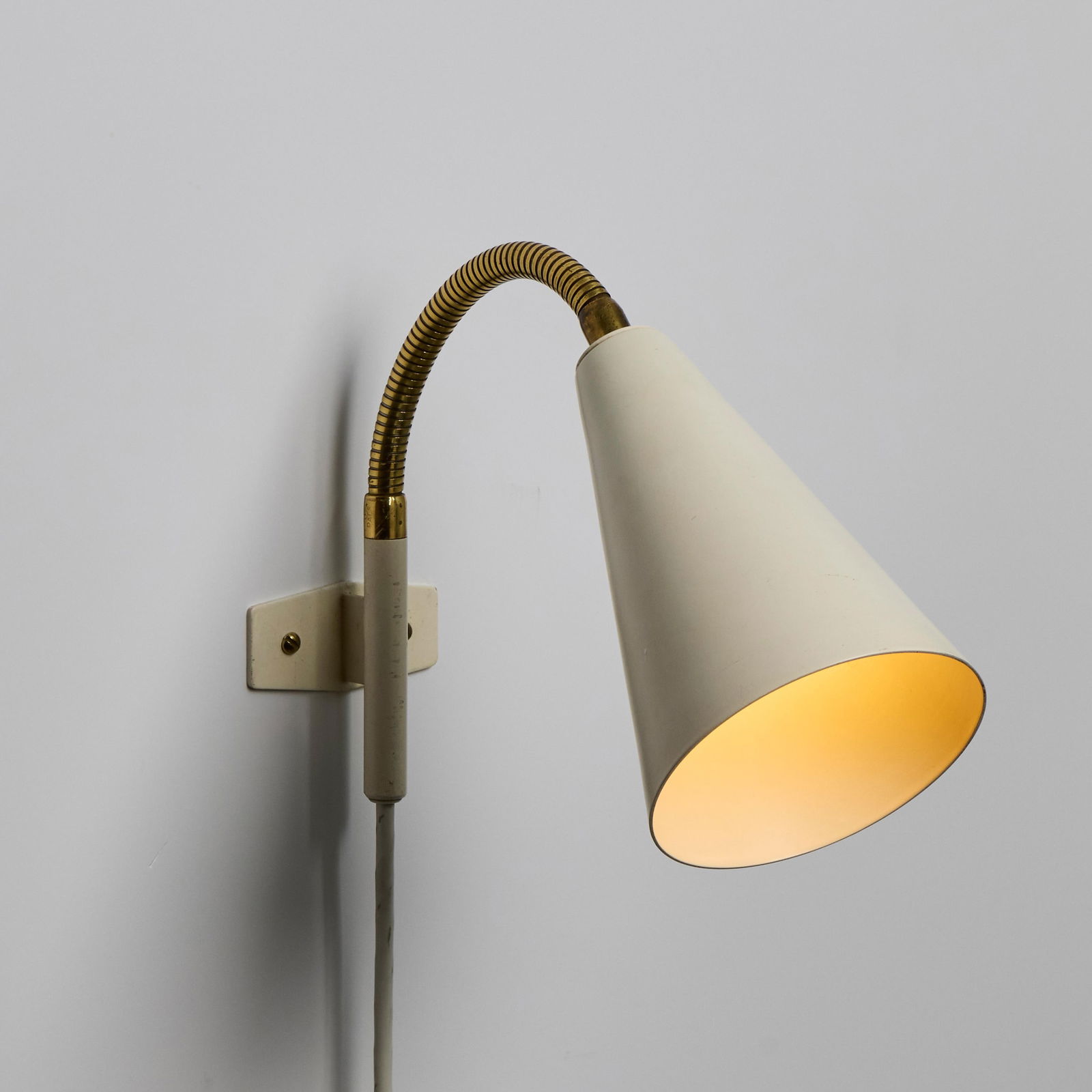 1960s Plug-in White Conical Brass & Metal Wall Lamps Attributed to Hans Agne Jakobsson - a Pair - 4