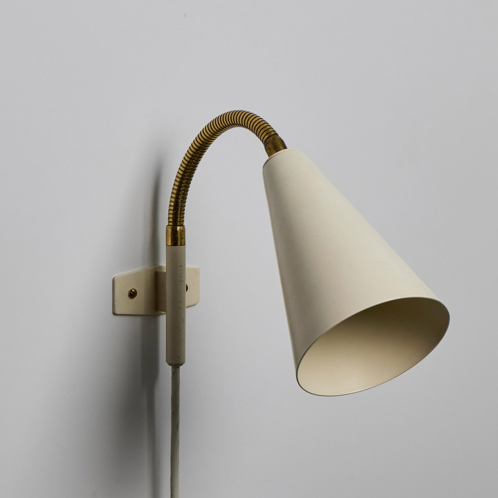 1960s Plug-in White Conical Brass & Metal Wall Lamps Attributed to Hans Agne Jakobsson - a Pair - 5