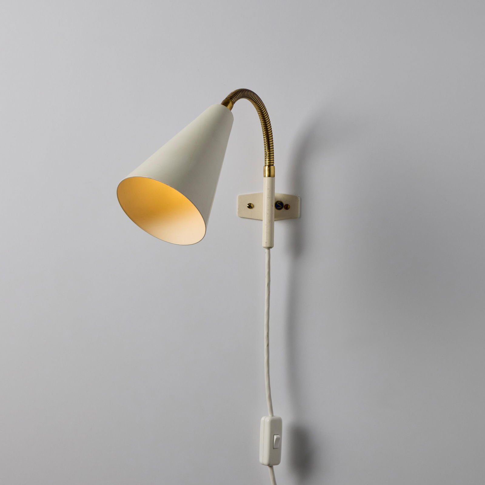 1960s Plug-in White Conical Brass & Metal Wall Lamps Attributed to Hans Agne Jakobsson - a Pair - 9
