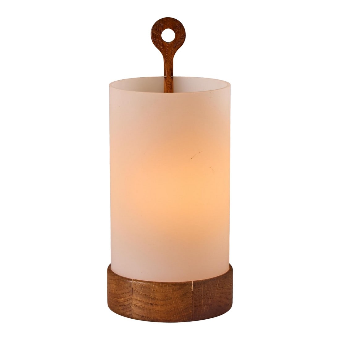 1950s Teak and Perspex Wall or Table Lamp by Uno and Ã–sten Kristiansson for Luxus: 1950s Teak and Perspex Wall or Table Lamp by Uno & Ã–sten Kristiansson for Luxus Executed in perspex and teak wood with a wood handle detail that also allows this cylindrical lamp to