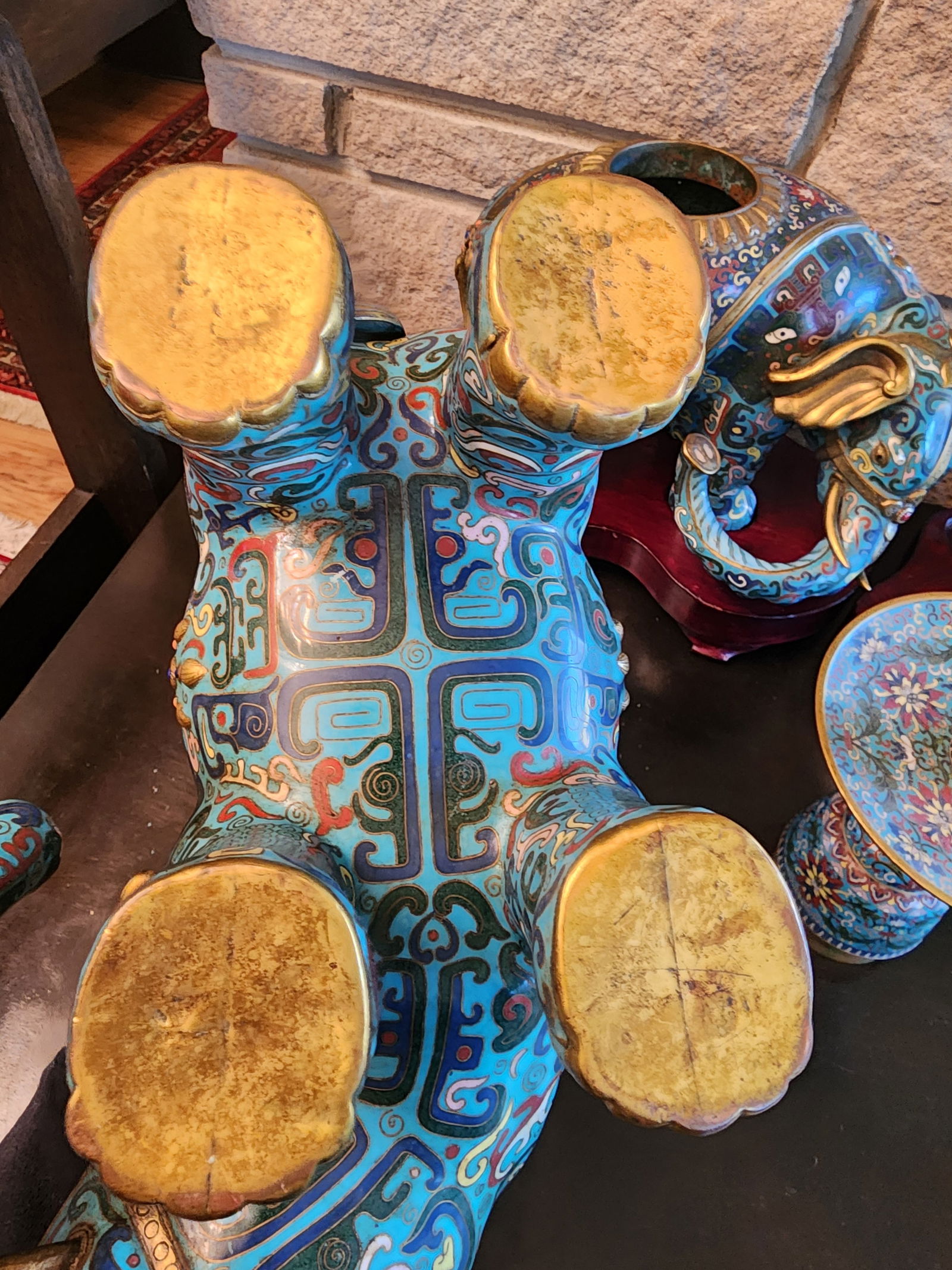 18th Century Important Pair Gilt Bronze and Cloisonne Elephant Altar Candle Holders - 13