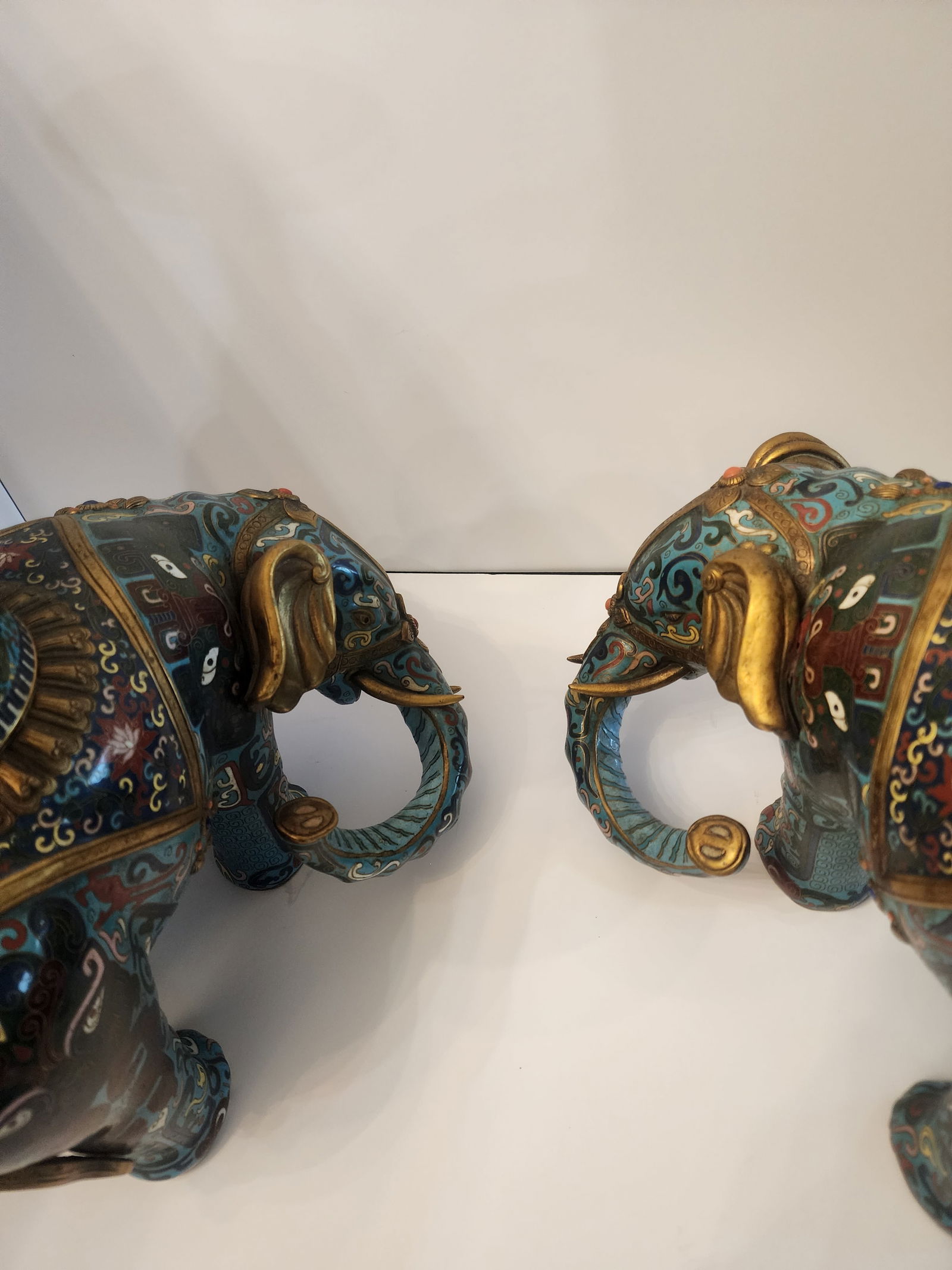 18th Century Important Pair Gilt Bronze and Cloisonne Elephant Altar Candle Holders - 3