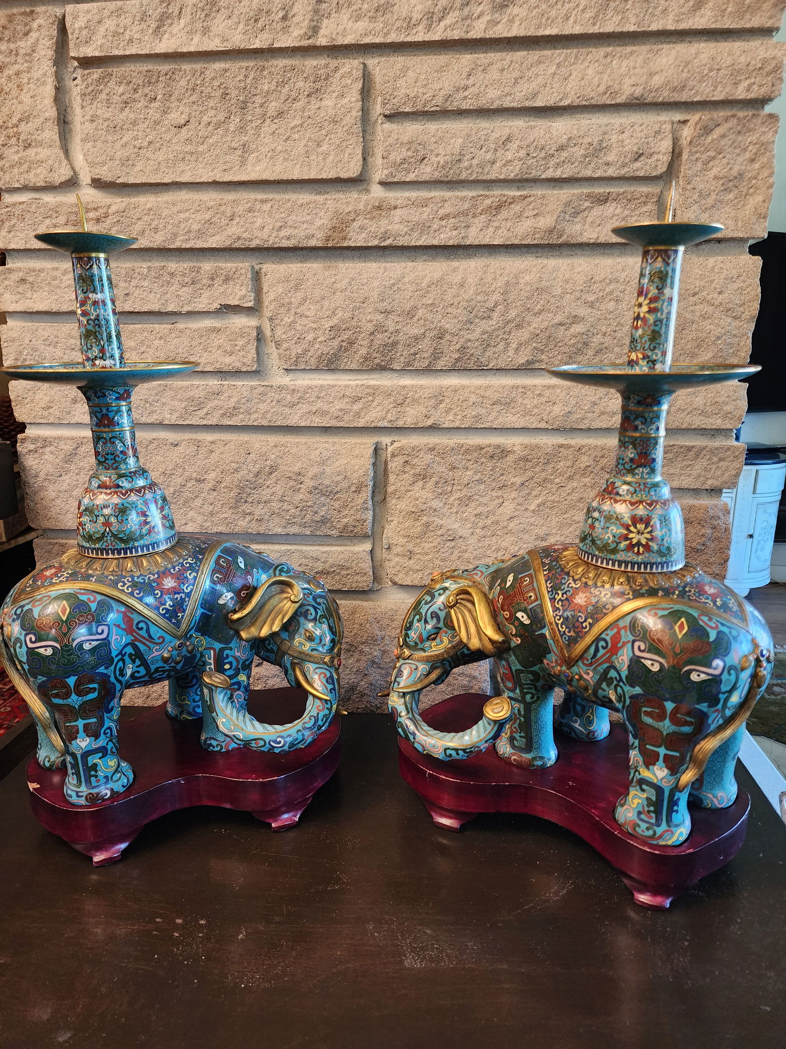18th Century Important Pair Gilt Bronze and Cloisonne Elephant Altar Candle Holders - 7