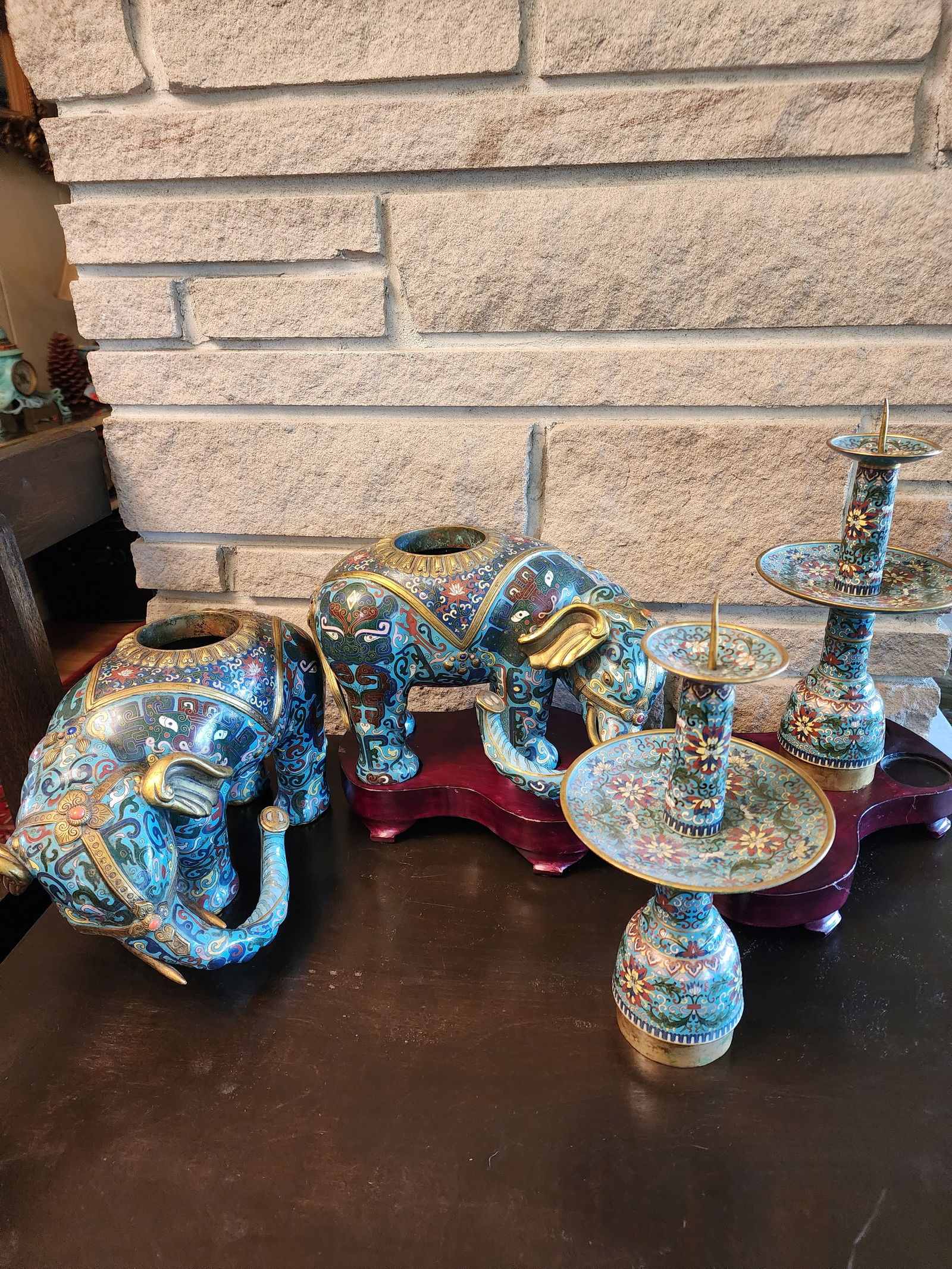 18th Century Important Pair Gilt Bronze and Cloisonne Elephant Altar Candle Holders - 9