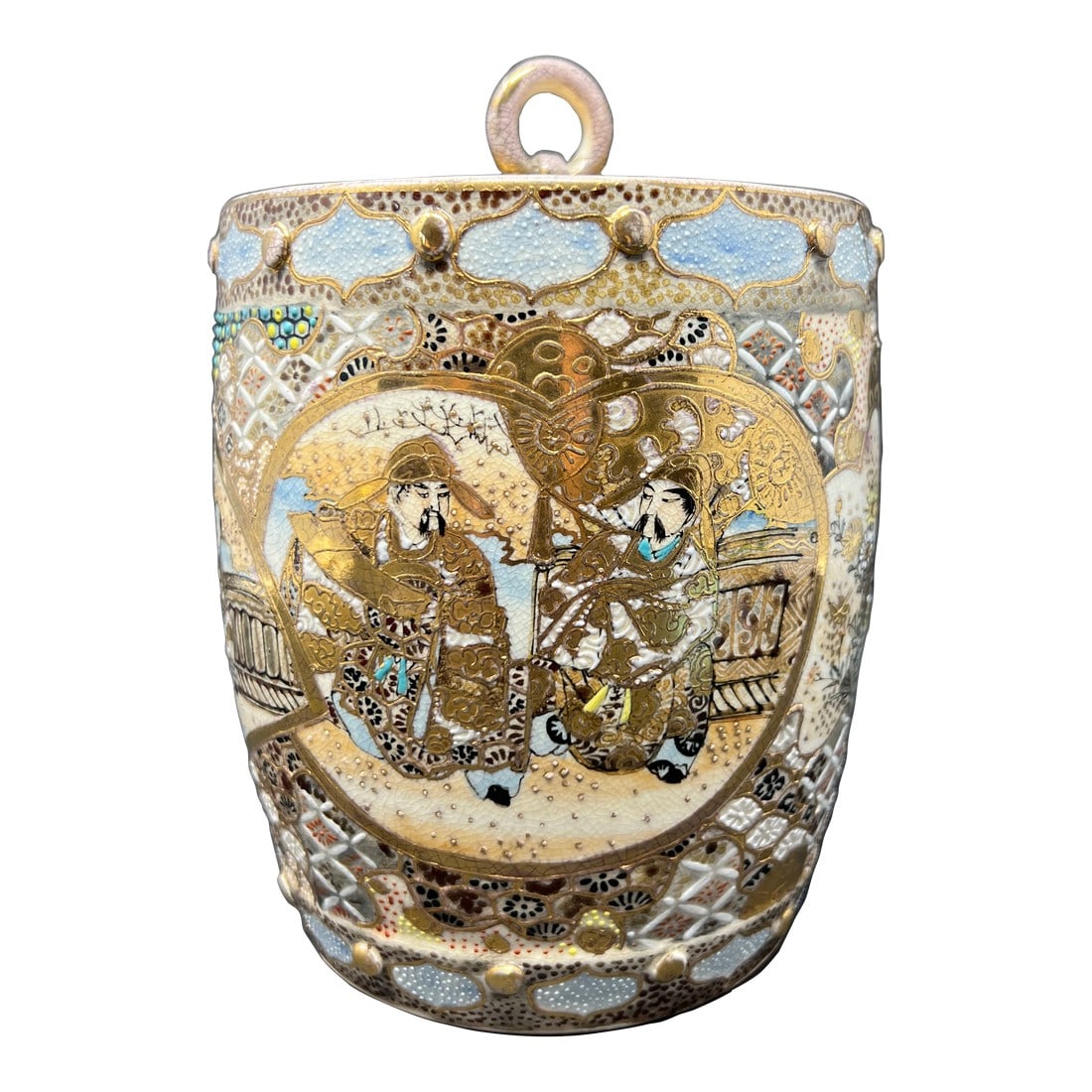 Antique Japanese Satsuma Lidded Biscuit Jar, Hand-Painted Gilt Moriage, Meiji c.1900: Antique Japanese Satsuma Biscuit Jar with Lid, circa 1900 Finely decorated antique Japanese Satsuma biscuit jar featuring hand-painted figural scenes within circular cartouches, surrounded by