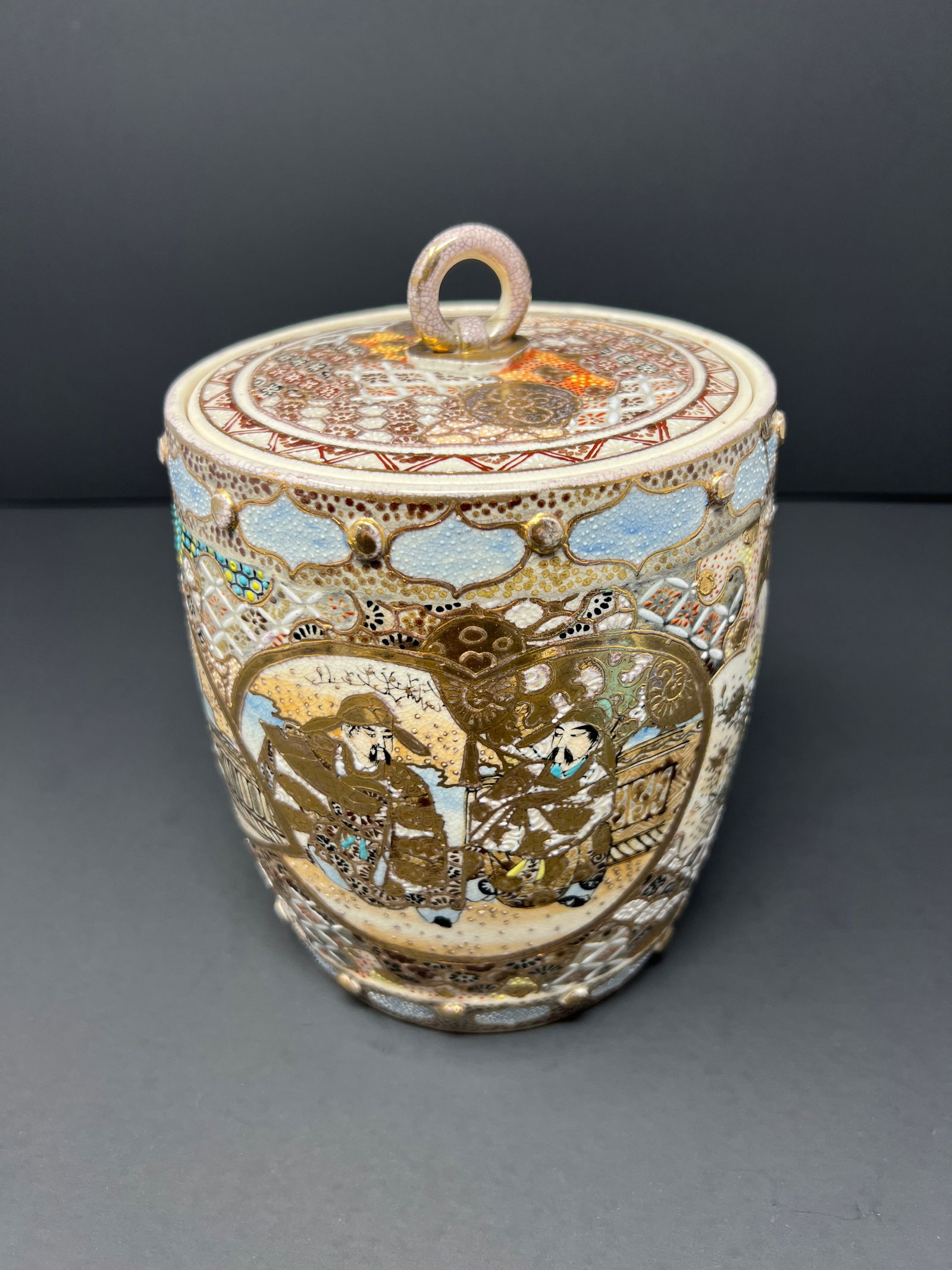 Antique Japanese Satsuma Lidded Biscuit Jar, Hand-Painted Gilt Moriage, Meiji c.1900 - 5