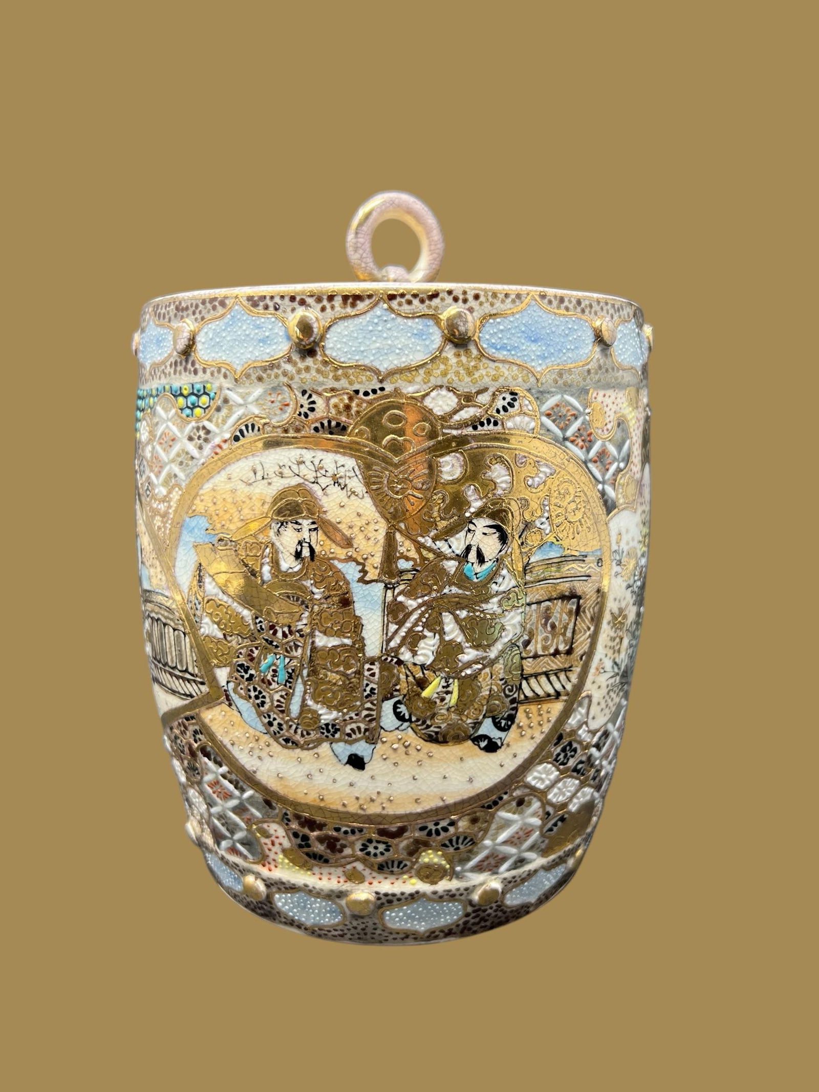 Antique Japanese Satsuma Lidded Biscuit Jar, Hand-Painted Gilt Moriage, Meiji c.1900 - 9