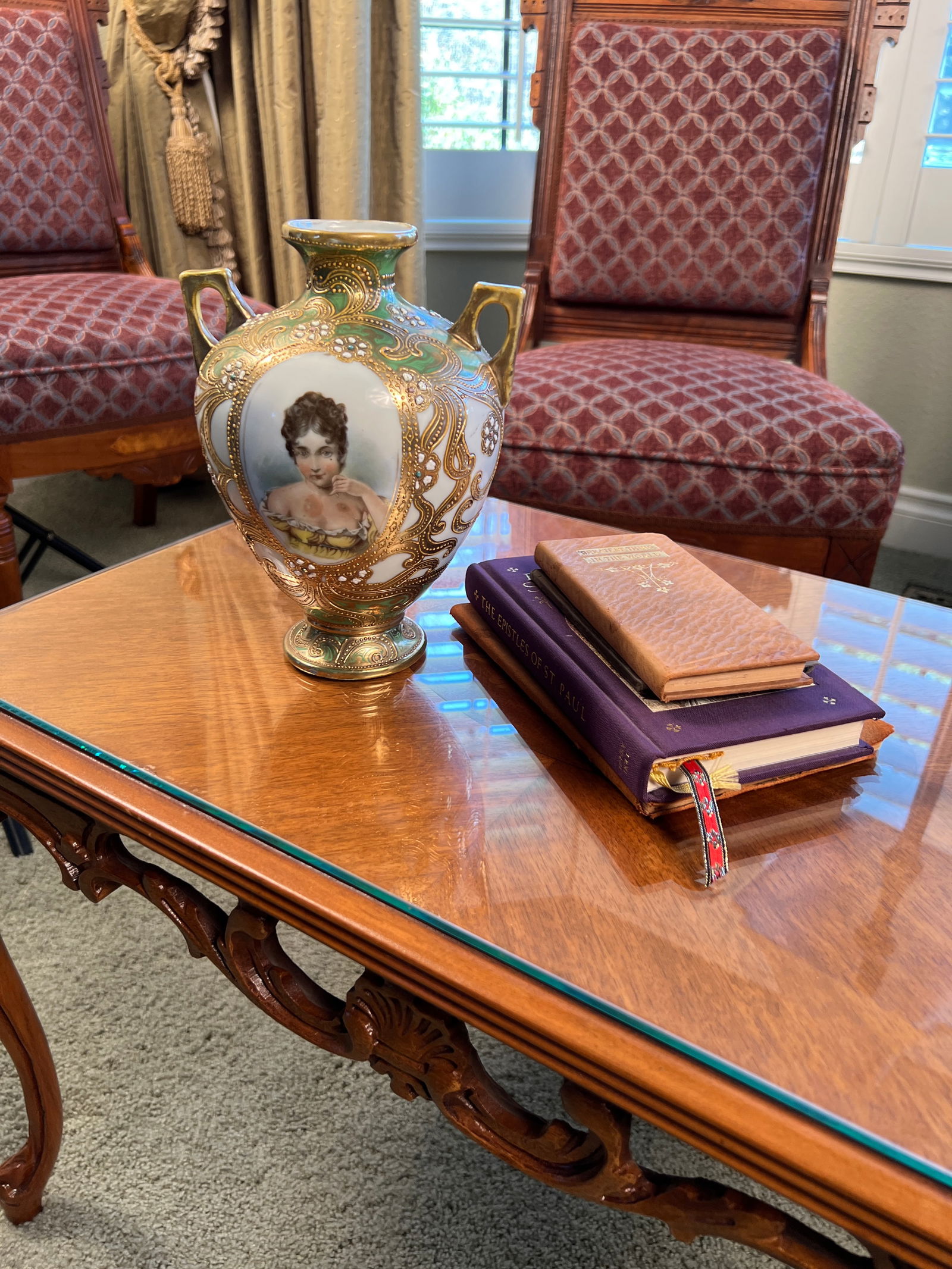 Antique Japanese Nippon Hand Painted Portrait Porcelain Vase With Moriage & Jeweled Decoration, Circ - 11