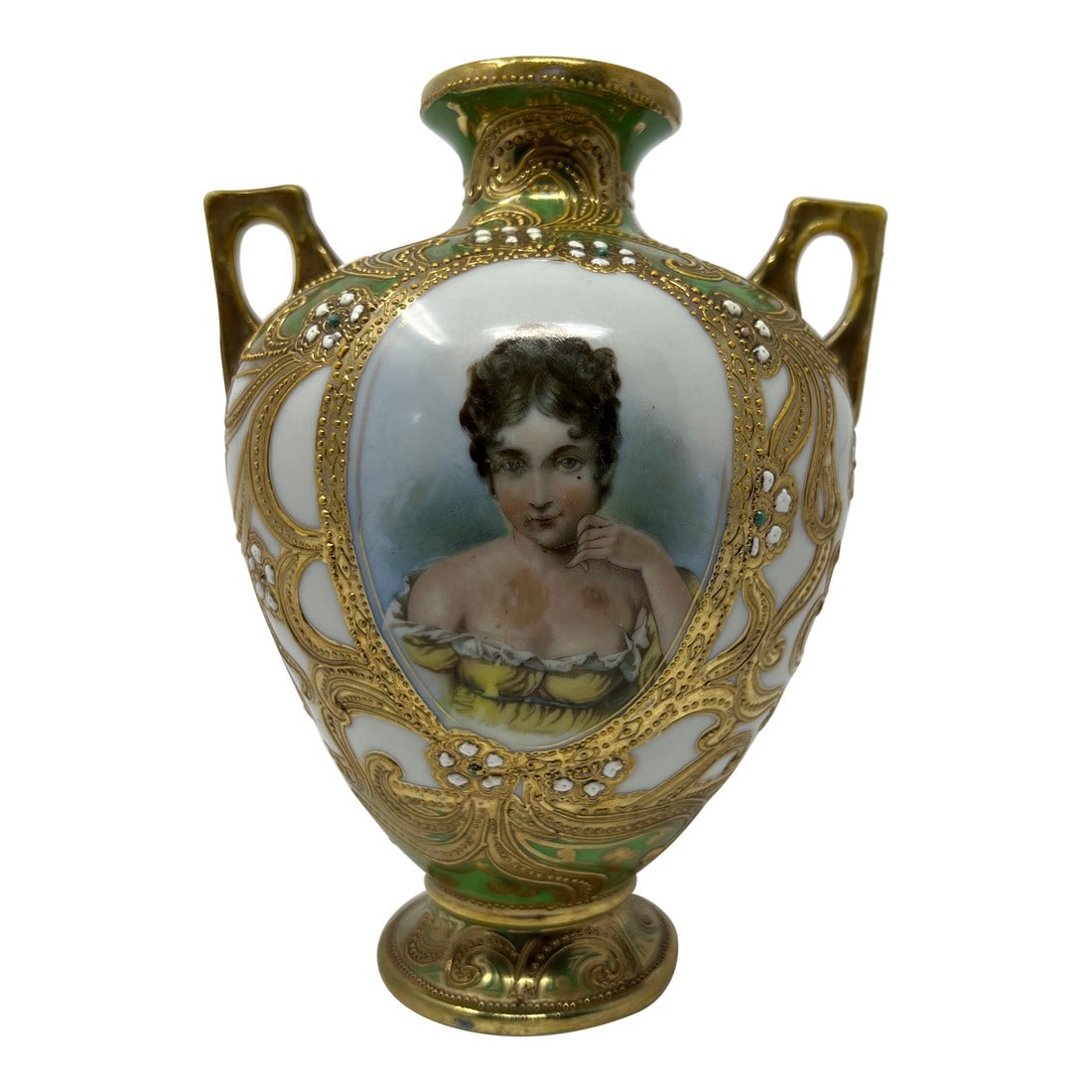 Antique Japanese Nippon Hand Painted Portrait Porcelain Vase With Moriage & Jeweled Decoration, Circ: An elegant antique Japanese Nippon porcelain cabinet vase dating to the early 20th century (circa 1905–1915). The twin-handled form features a finely hand-painted portrait medallion of a young w