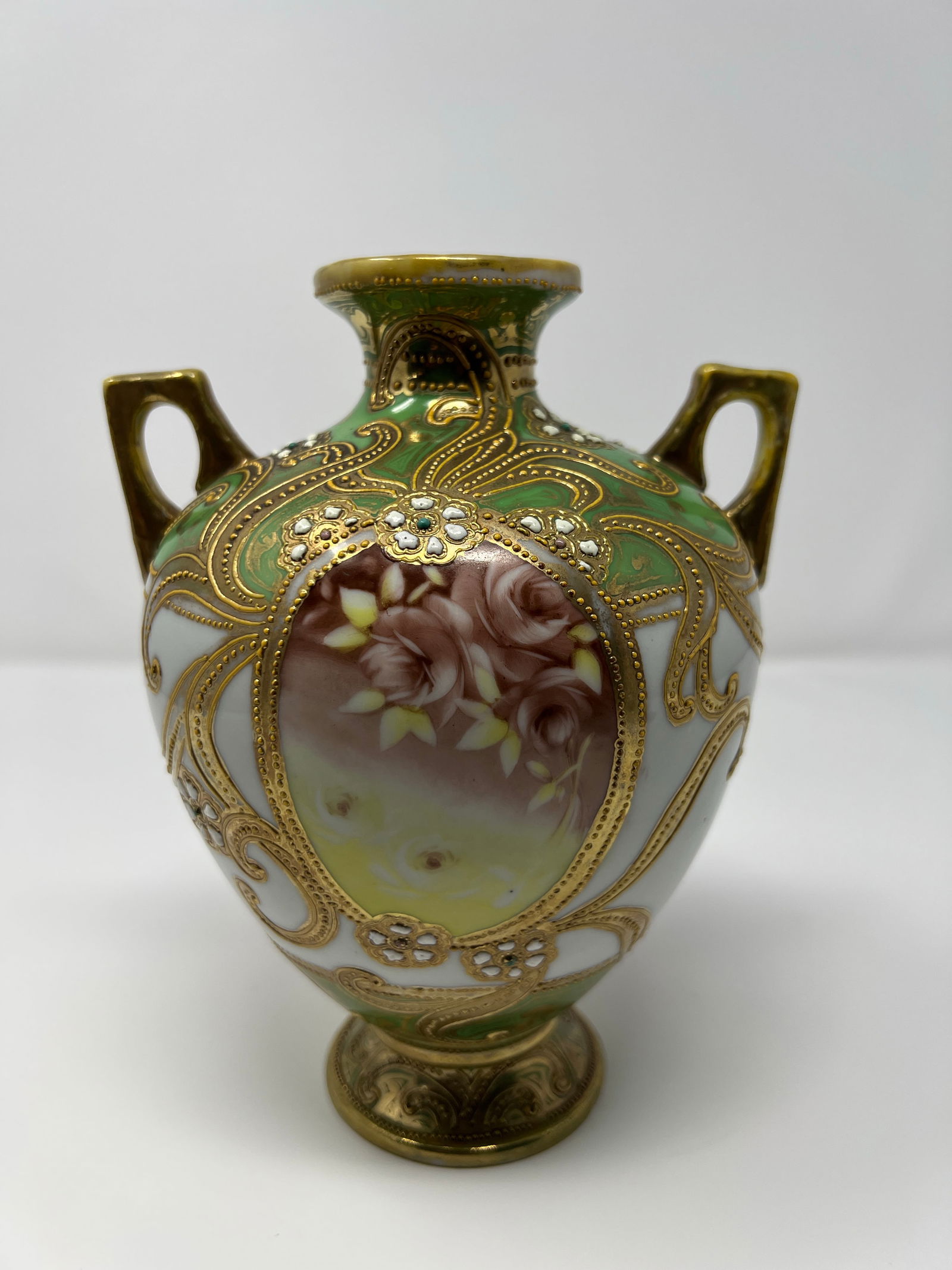 Antique Japanese Nippon Hand Painted Portrait Porcelain Vase With Moriage & Jeweled Decoration, Circ - 3