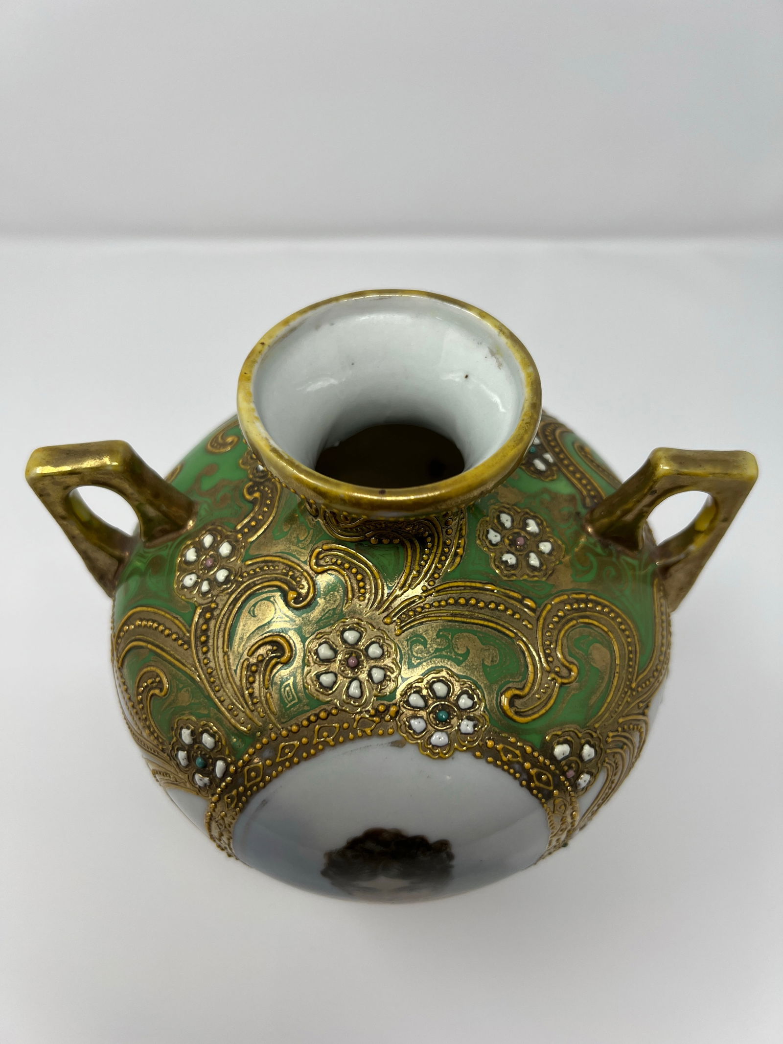 Antique Japanese Nippon Hand Painted Portrait Porcelain Vase With Moriage & Jeweled Decoration, Circ - 5