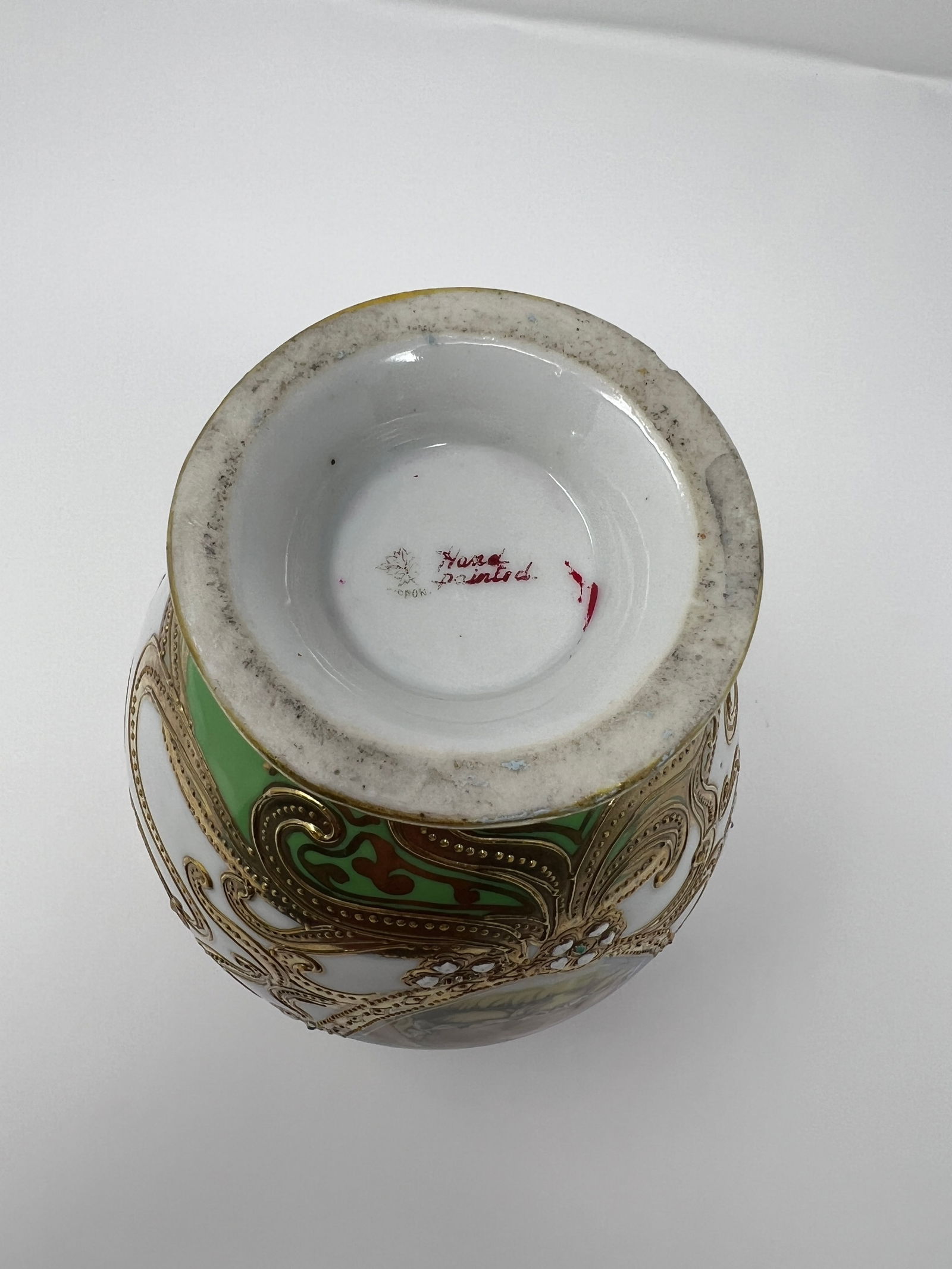Antique Japanese Nippon Hand Painted Portrait Porcelain Vase With Moriage & Jeweled Decoration, Circ - 6