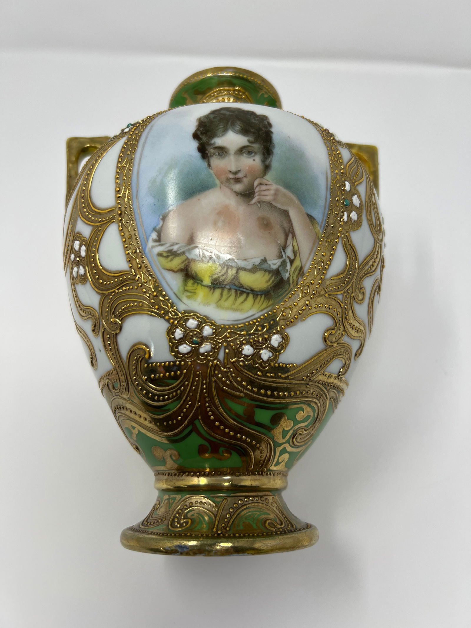 Antique Japanese Nippon Hand Painted Portrait Porcelain Vase With Moriage & Jeweled Decoration, Circ - 7