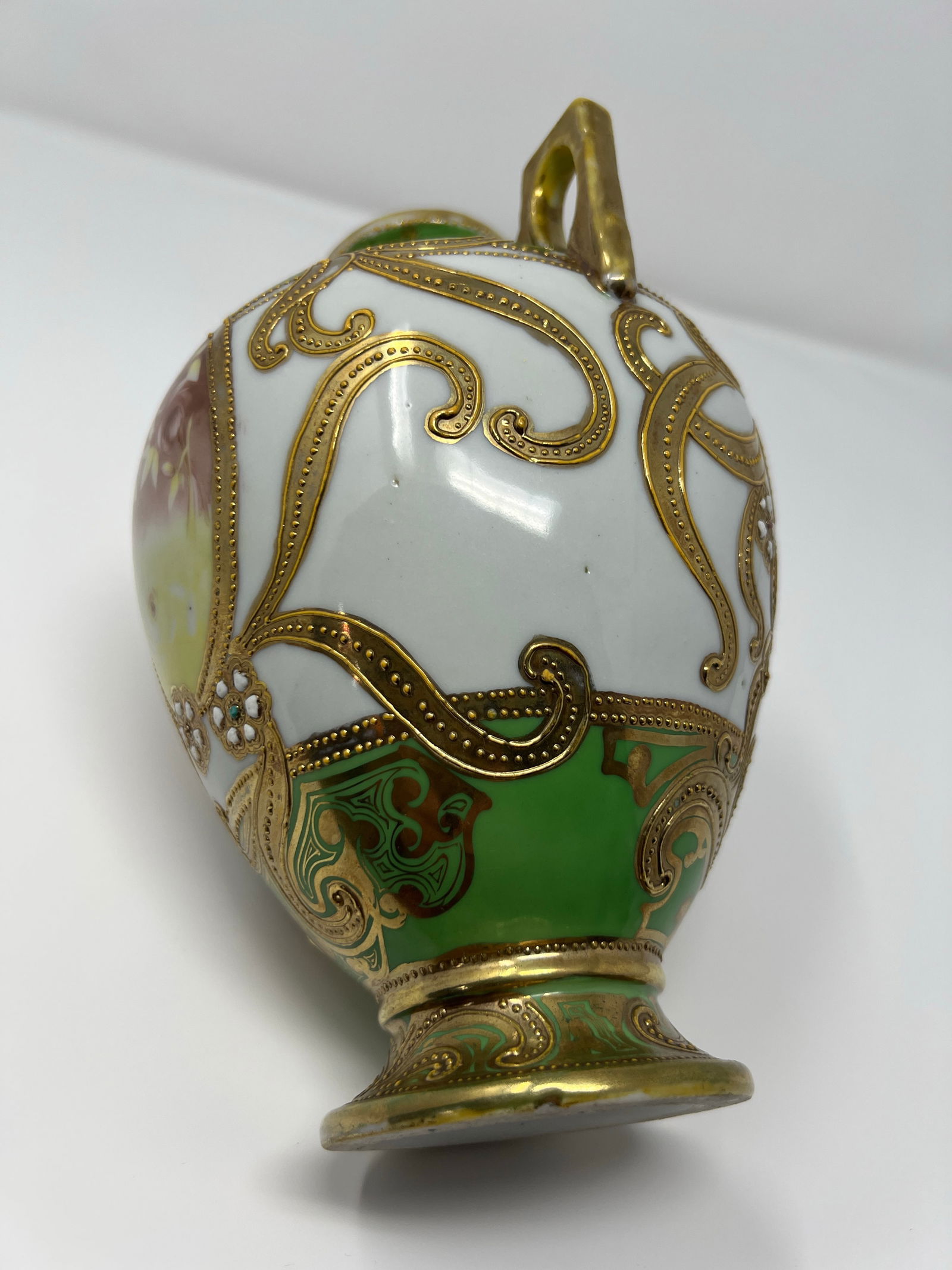 Antique Japanese Nippon Hand Painted Portrait Porcelain Vase With Moriage & Jeweled Decoration, Circ - 8