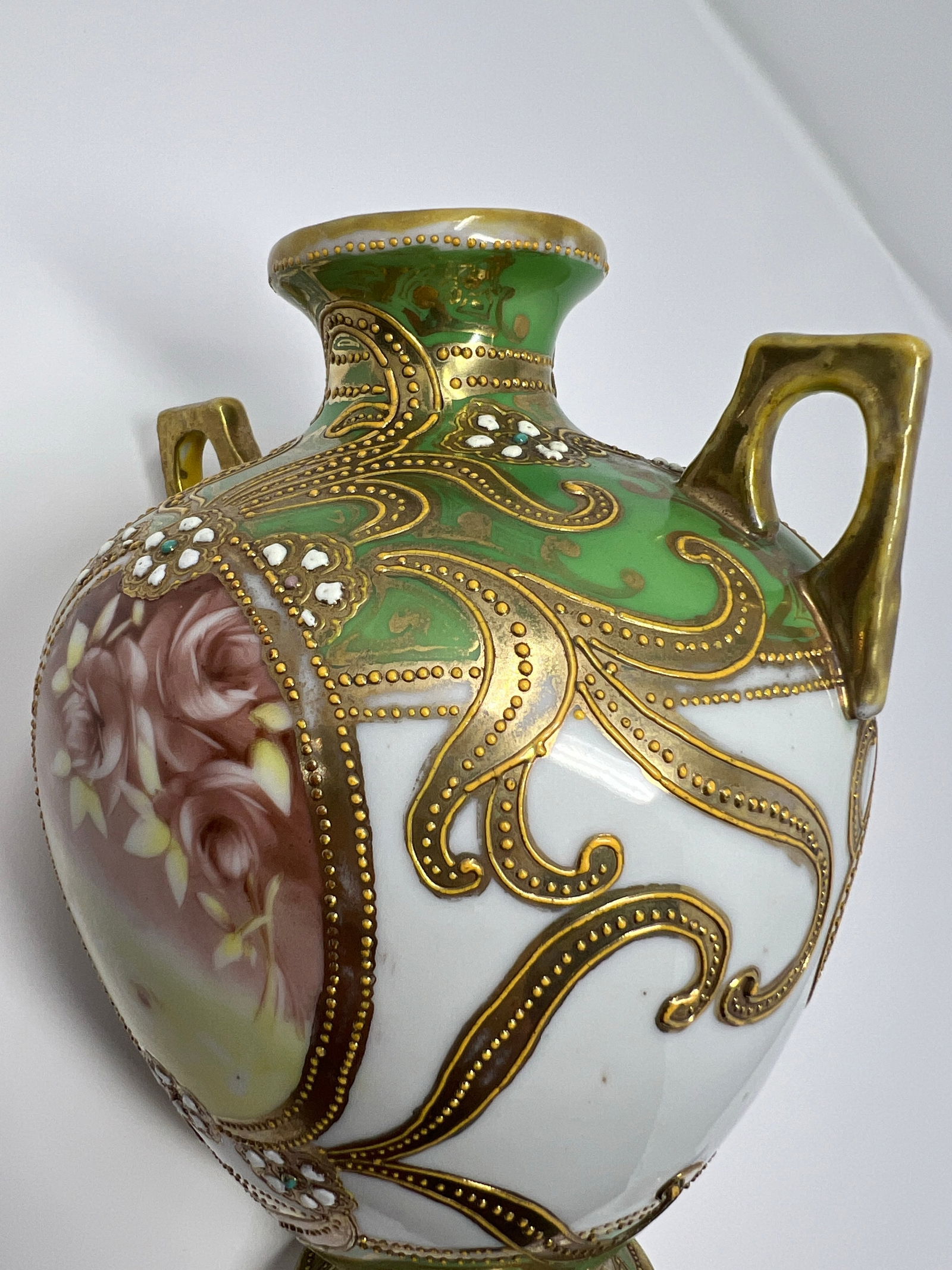 Antique Japanese Nippon Hand Painted Portrait Porcelain Vase With Moriage & Jeweled Decoration, Circ - 9