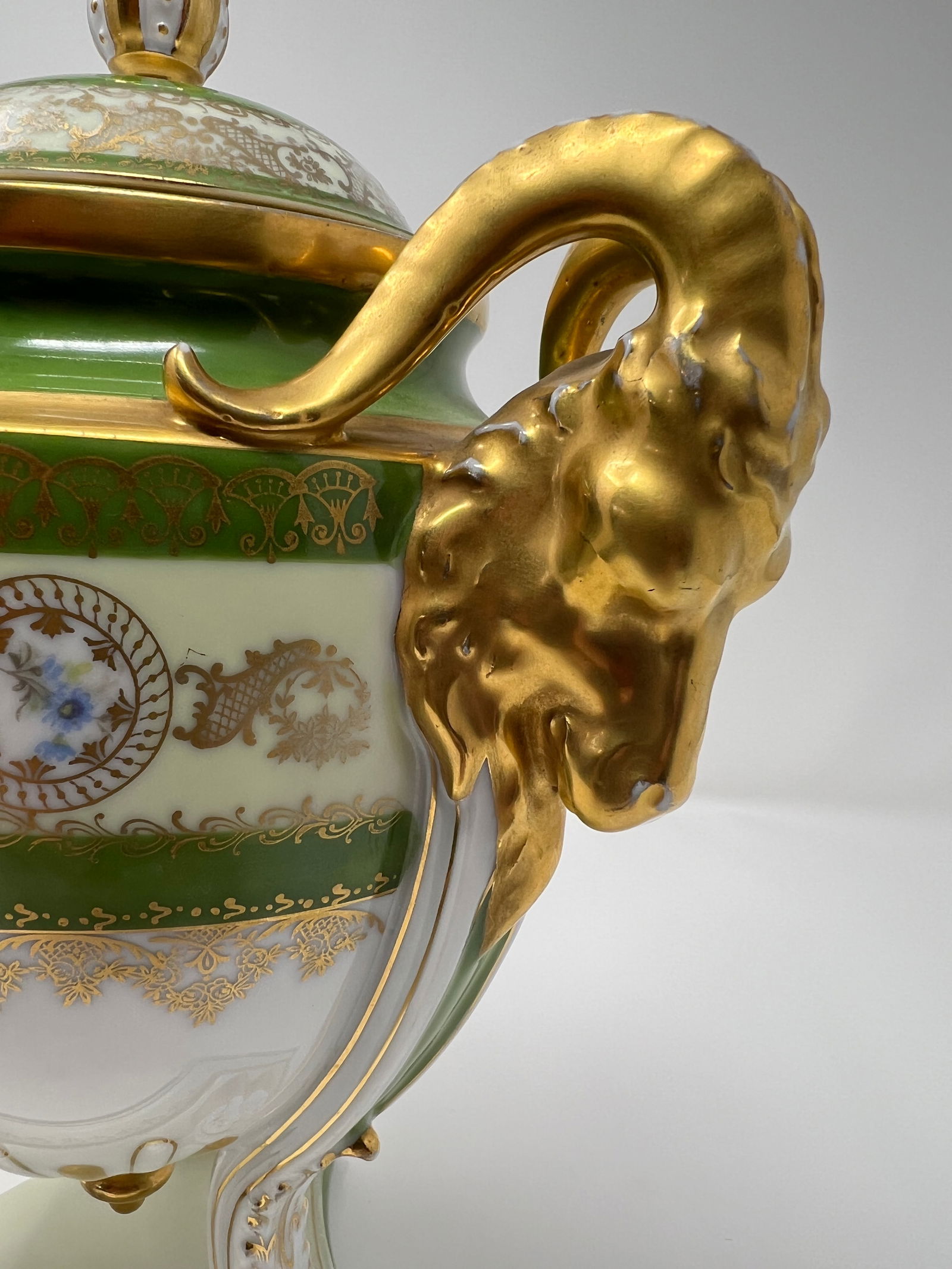 Antique Royal Bavaria "Louis Seize" Hand-Painted Portrait Urn With Ram Head Handles, Circa 1900 - 10