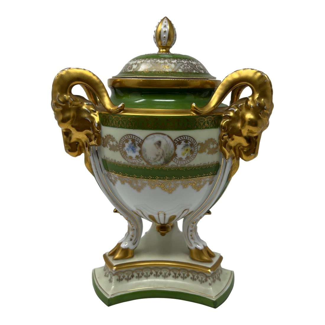 Antique Royal Bavaria "Louis Seize" Hand-Painted Portrait Urn With Ram Head Handles, Circa 1900: An elegant antique German porcelain covered urn produced in Bavaria around the turn of the 20th century and marked "Louis Seize." Executed in the French Louis XVI revival taste, this finely detailed