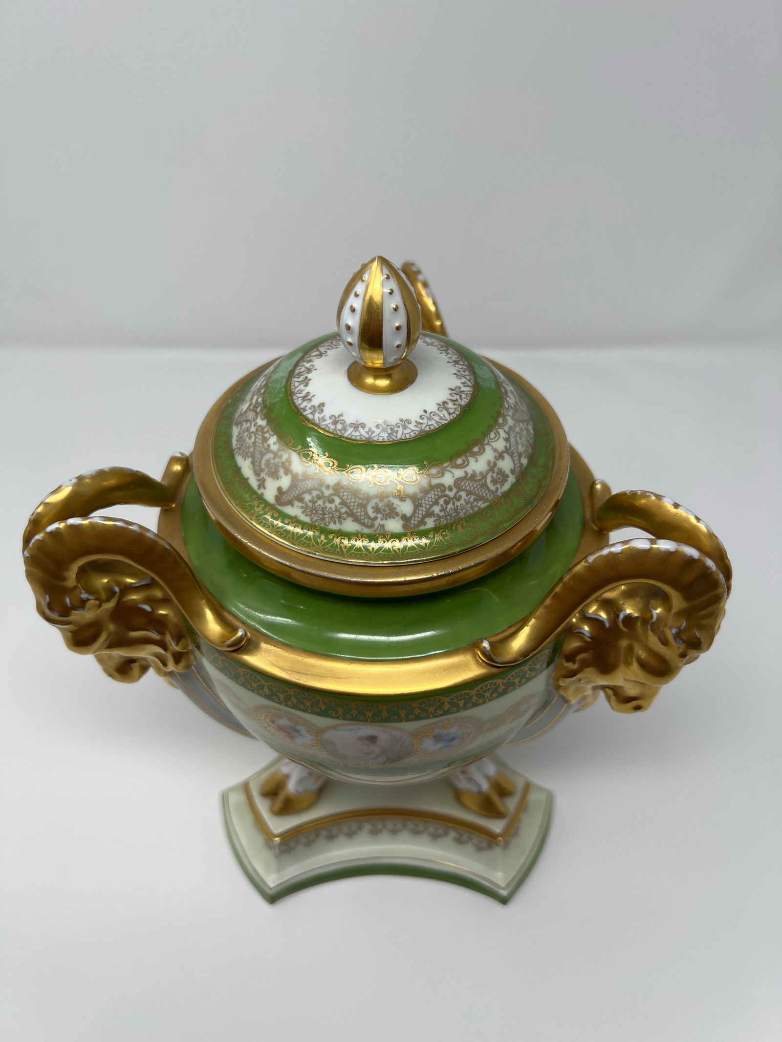 Antique Royal Bavaria "Louis Seize" Hand-Painted Portrait Urn With Ram Head Handles, Circa 1900 - 9