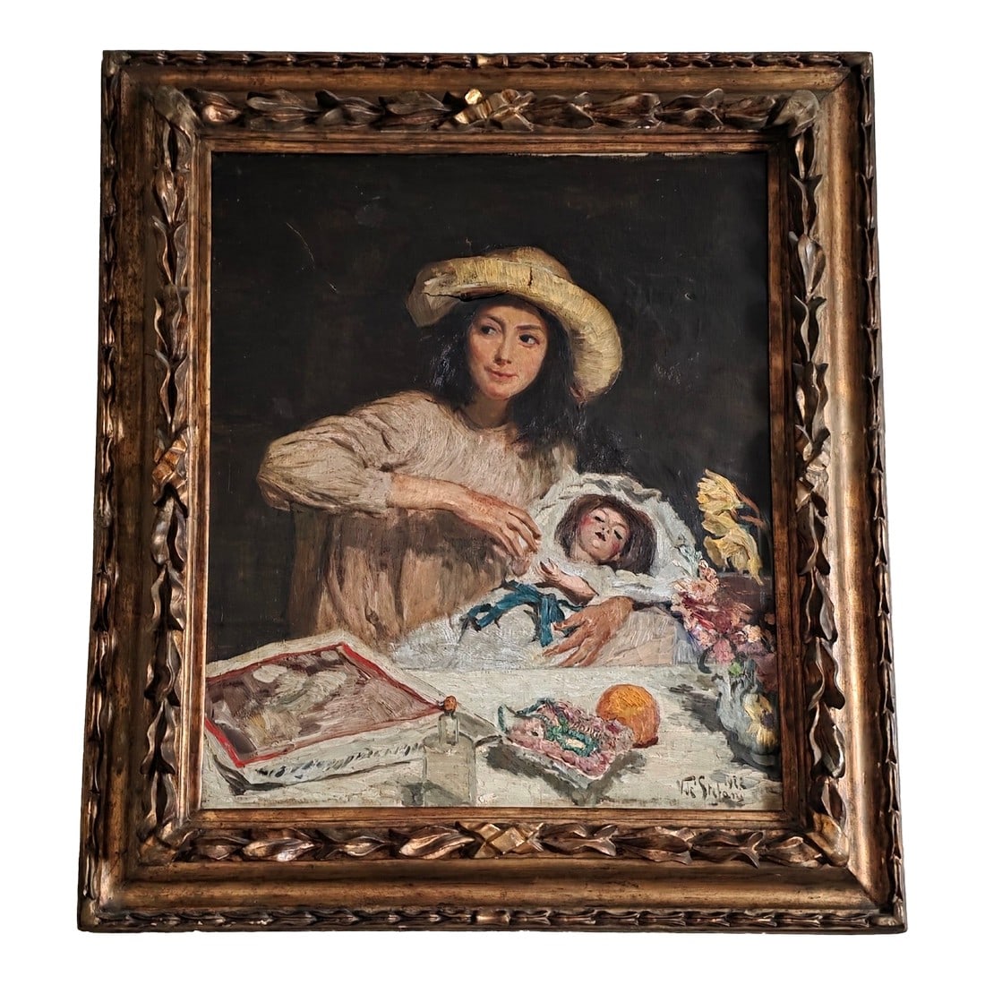 Vincenzo De Stefani Painting of a Young Girl With a Doll: Beautiful vibrant Italian Painting by Vincenzo de Stefani(1859-1937) This has a date 1912 or 1922? This appears to be a young woman with a doll. Condition: Alterations: Original Condition Unaltered