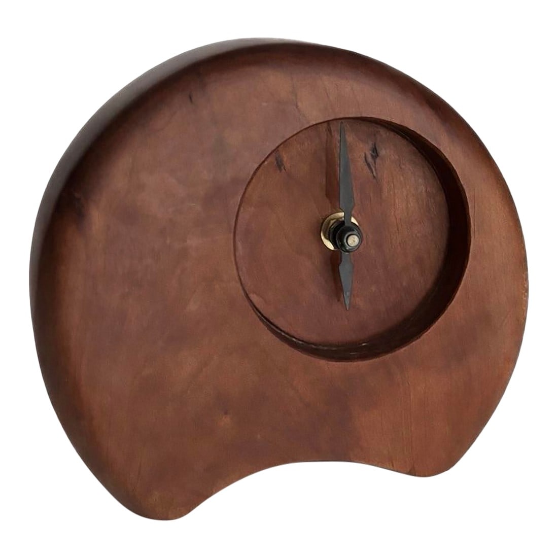 Signed Mid-Century Modern Hand-Carved Wooden Desk Clock: Signed mid-century hand-carved cherry wood desk clock titled "A Hole in Time" marked 37-43. Condition: Alterations: Original Condition Unaltered Imperfections: Some Imperfections Condition Notes: