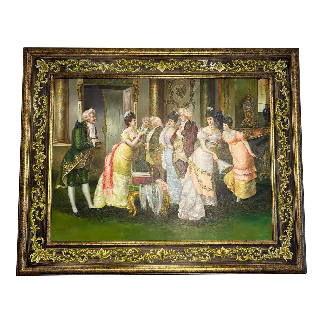 Late 20th Century M. Picot Original Ballroom Oil Painting: An oil painting by M. Picot portrays a gathering of ladies and gentlemen in elegant ballgowns, arranged in a refined interior. The composition conveys a sense of motion and quiet animation: skirts