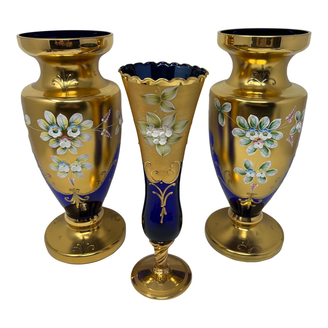 Signed Antique Moser Karlsbad Cobalt & Gilt Enamel Art Glass Garniture Set, 3 Pieces, Circa 1900: An exceptional and authentic antique Moser Karlsbad art glass garniture set dating to circa 1890–1905. The set consists of two signed baluster vases and a coordinating center spill vase, all