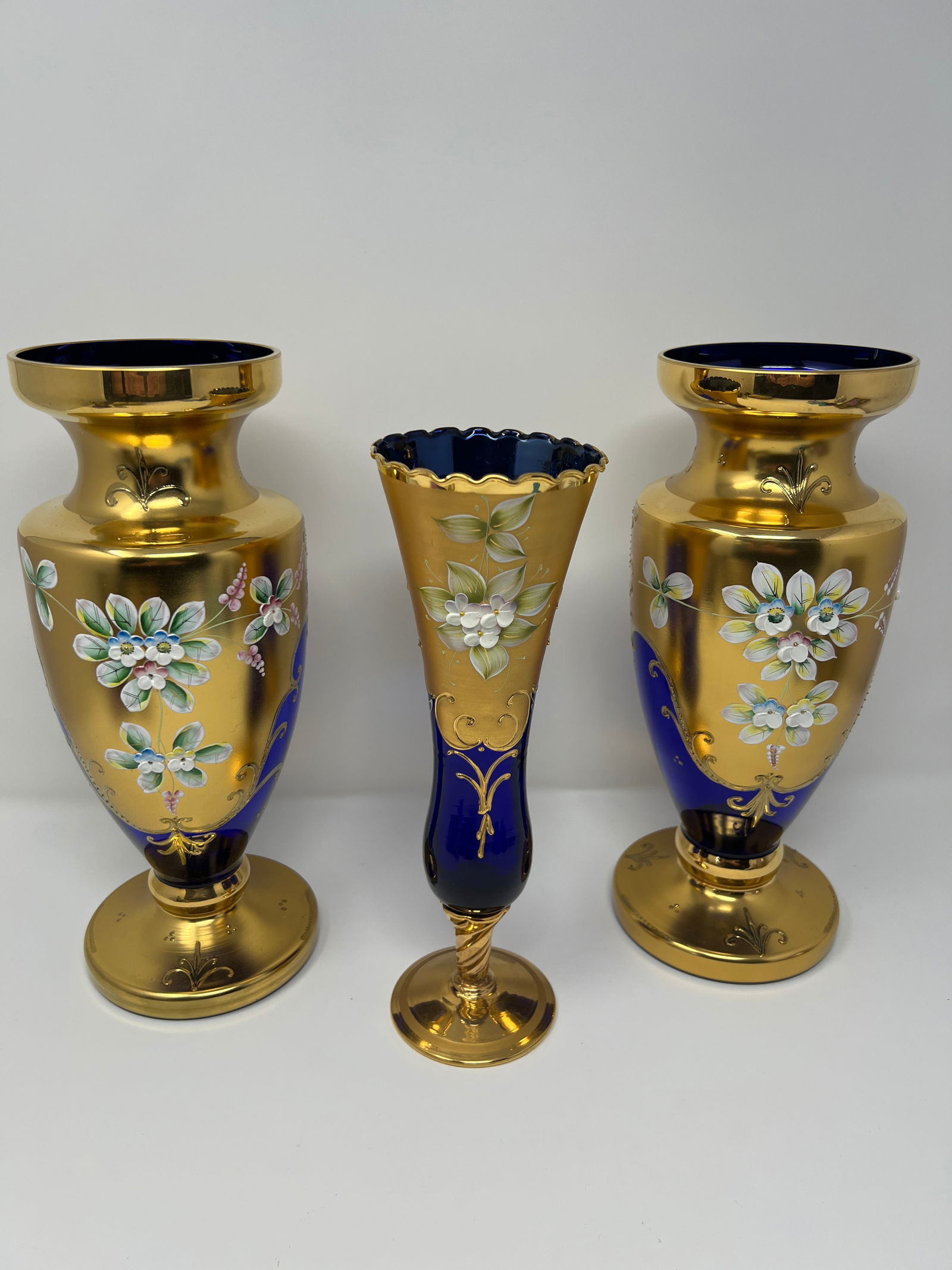 Signed Antique Moser Karlsbad Cobalt & Gilt Enamel Art Glass Garniture Set, 3 Pieces, Circa 1900 - 3