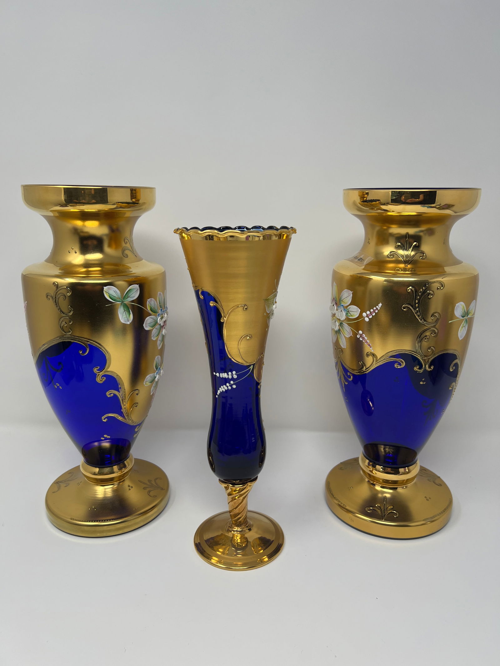 Signed Antique Moser Karlsbad Cobalt & Gilt Enamel Art Glass Garniture Set, 3 Pieces, Circa 1900 - 4