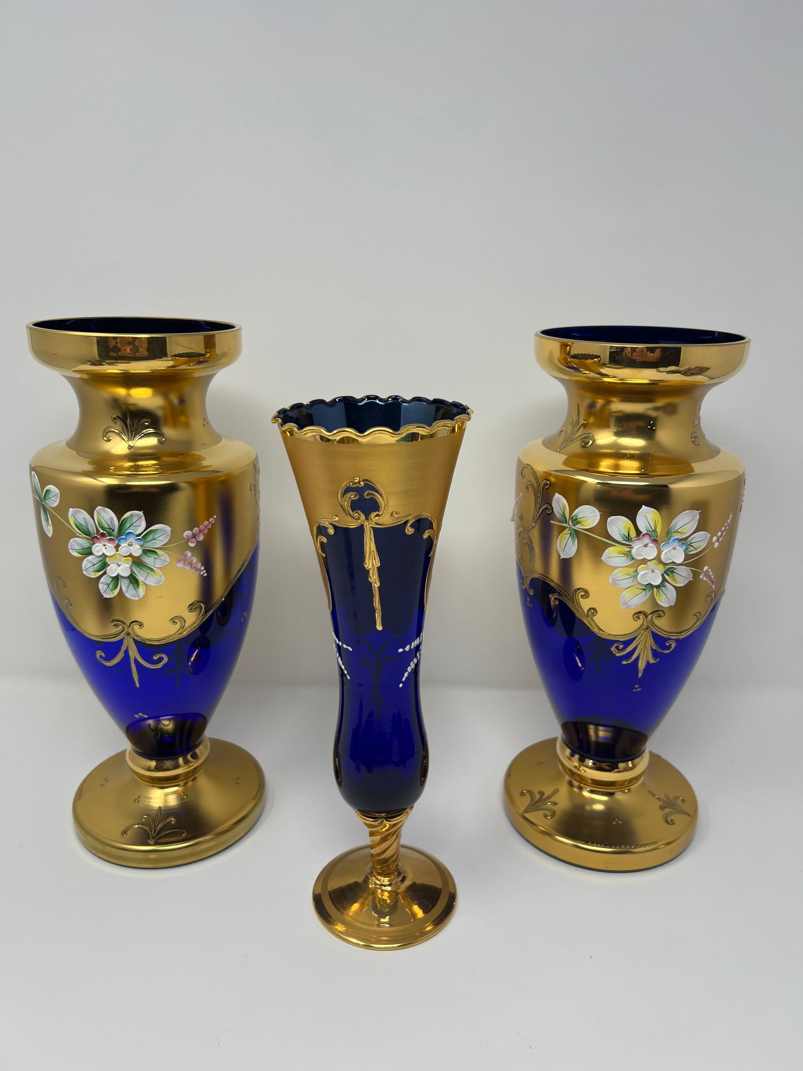 Signed Antique Moser Karlsbad Cobalt & Gilt Enamel Art Glass Garniture Set, 3 Pieces, Circa 1900 - 5