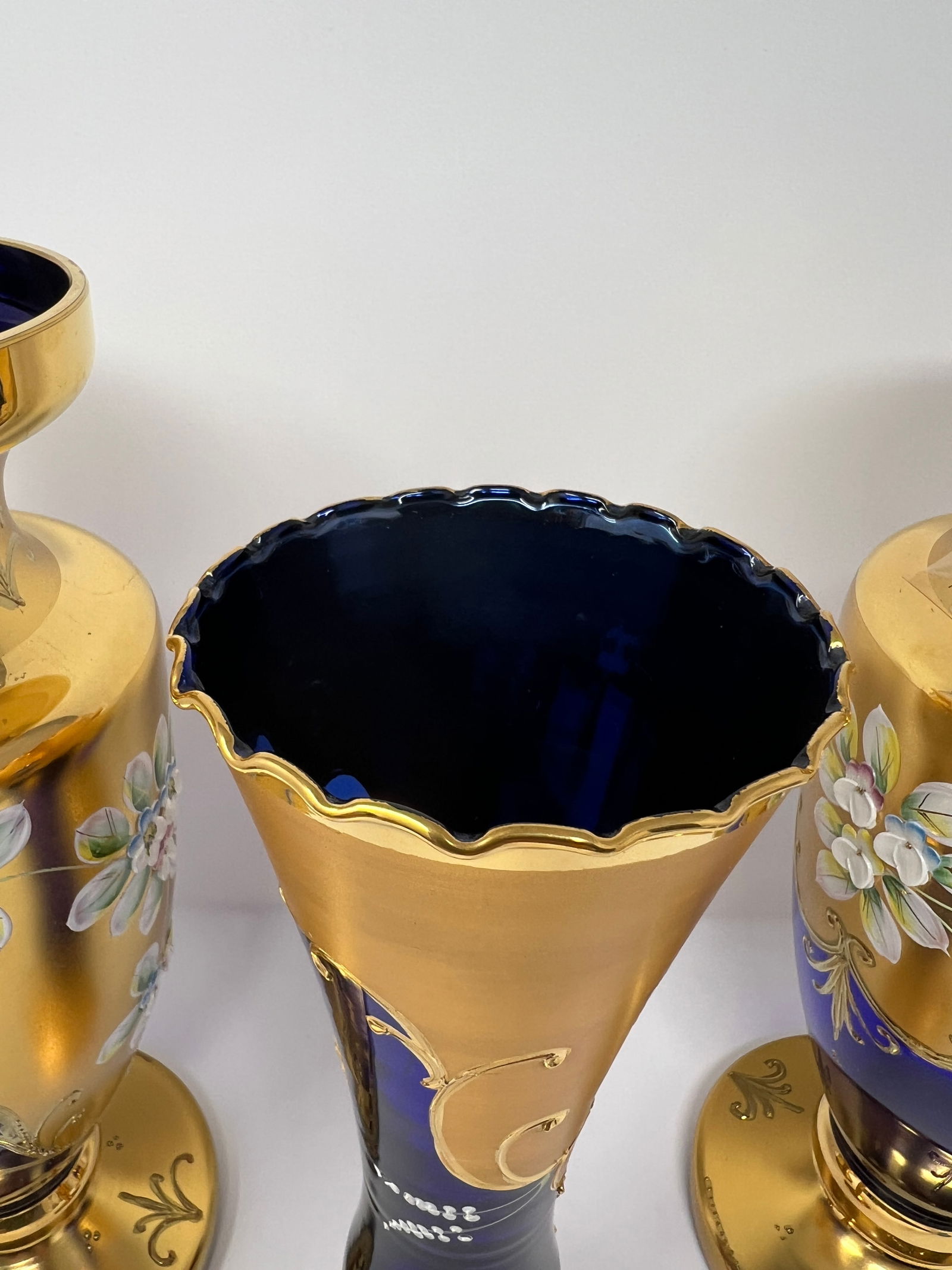 Signed Antique Moser Karlsbad Cobalt & Gilt Enamel Art Glass Garniture Set, 3 Pieces, Circa 1900 - 8