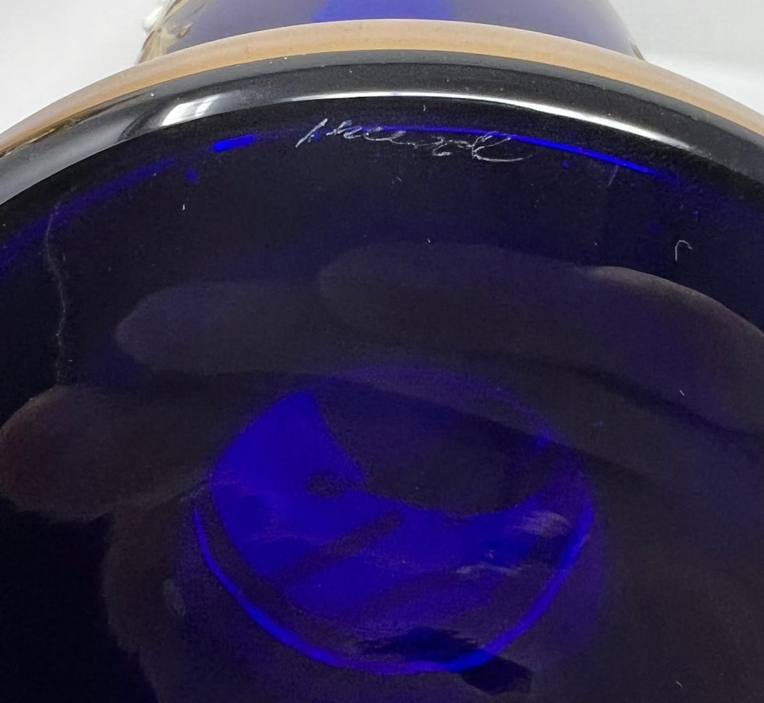 Signed Antique Moser Karlsbad Cobalt & Gilt Enamel Art Glass Garniture Set, 3 Pieces, Circa 1900 - 9