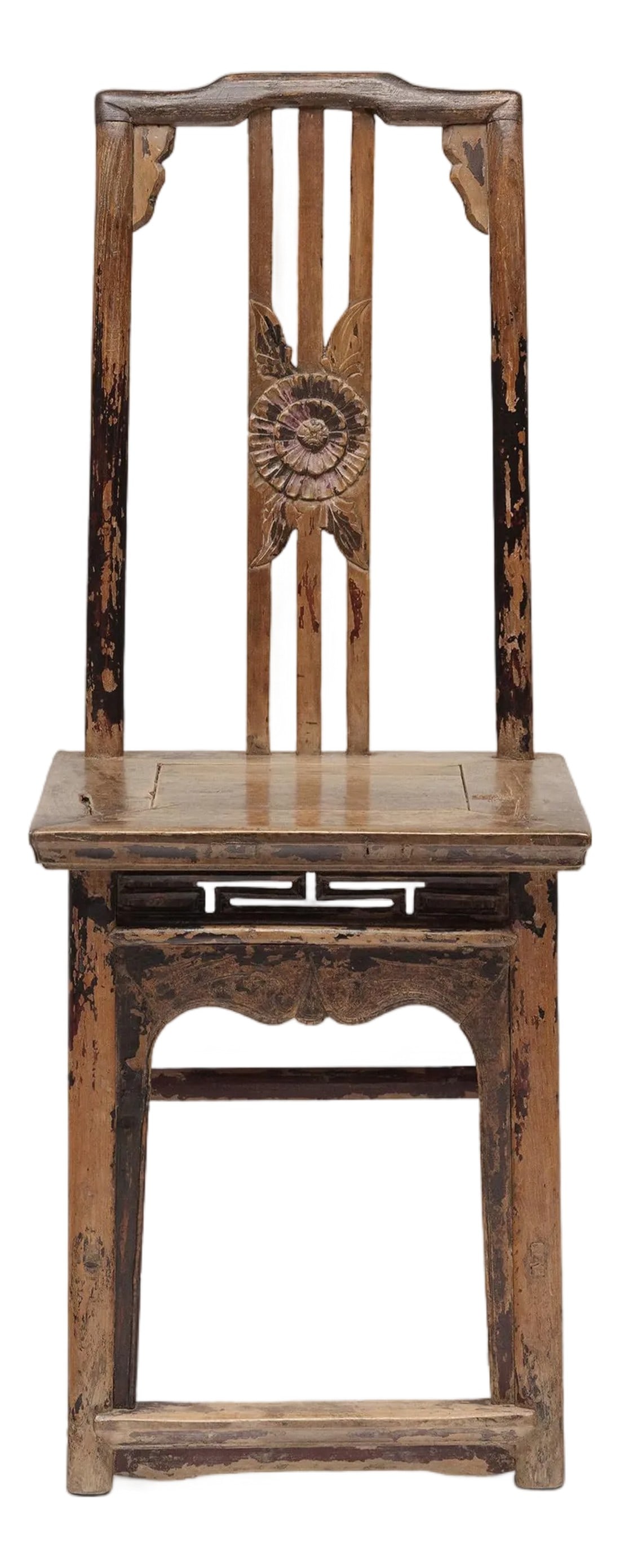 Chinese Chrysanthemum Lady's Chair, C. 1800: This charming lady's chair dates to the early 19th century and is an armless variation on the classic Chinese 'southern official's hat chair.' The side chair is crafted of elm (yumu) with