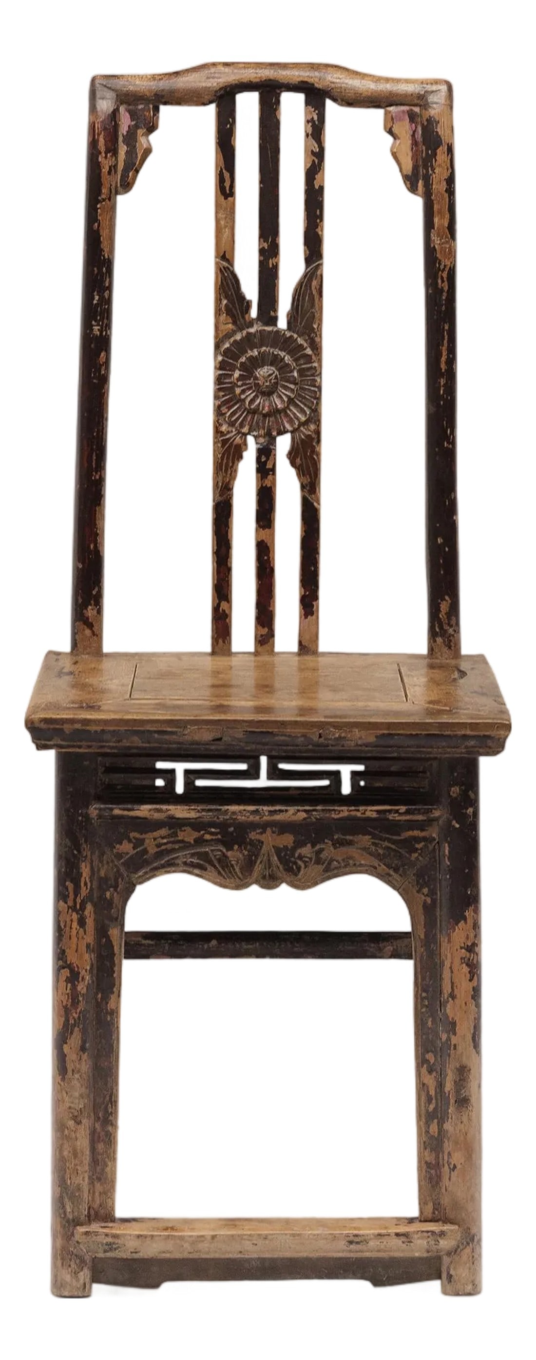 Chinese Chrysanthemum Lady's Chair, C. 1800: This charming lady's chair dates to the early 19th century and is an armless variation on the classic Chinese 'southern official's hat chair.' The side chair is crafted of elm (yumu) with