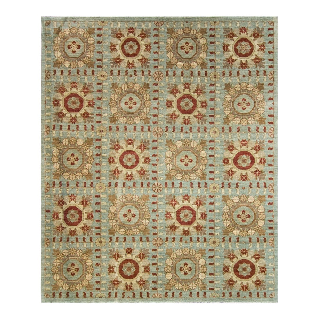 Late 20th Century Savoriness Design Rug-8'3" X 9'11": Vintage Savoriness Carpet "” Light Pistachu with Sunburst Panel Design This exquisite vintage Savoriness carpet from Pakistan is a beautifully balanced blend of timeless craftsmanship and