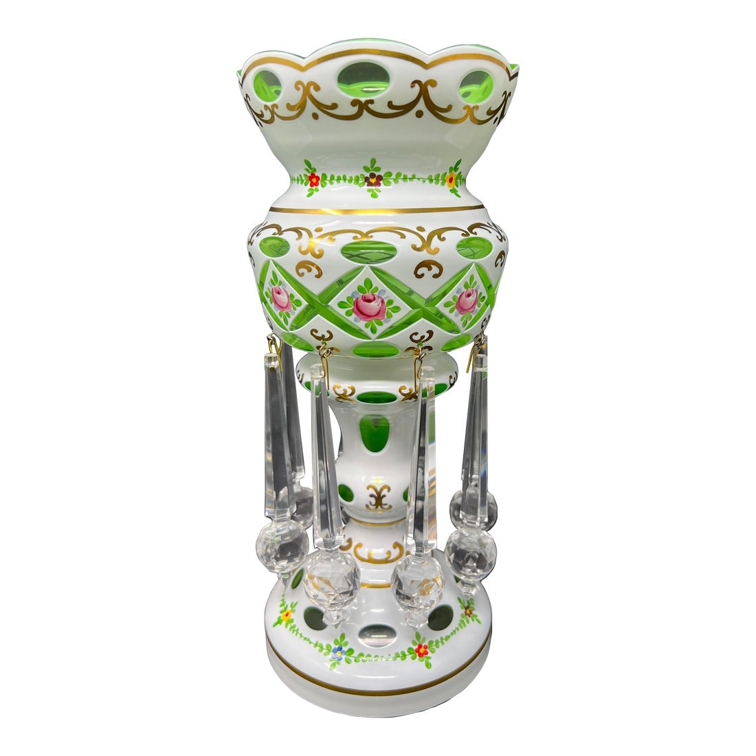 Vintage Bohemian Czech Green Overlay Luster Vase With Crystal Prisms, Hand-Painted Roses, Hollywood: A striking vintage Bohemian art glass luster vase featuring hand-painted enamel roses, gilt scrollwork, and faceted crystal prism pendalogues. The white cased glass body is cut with windows revealing