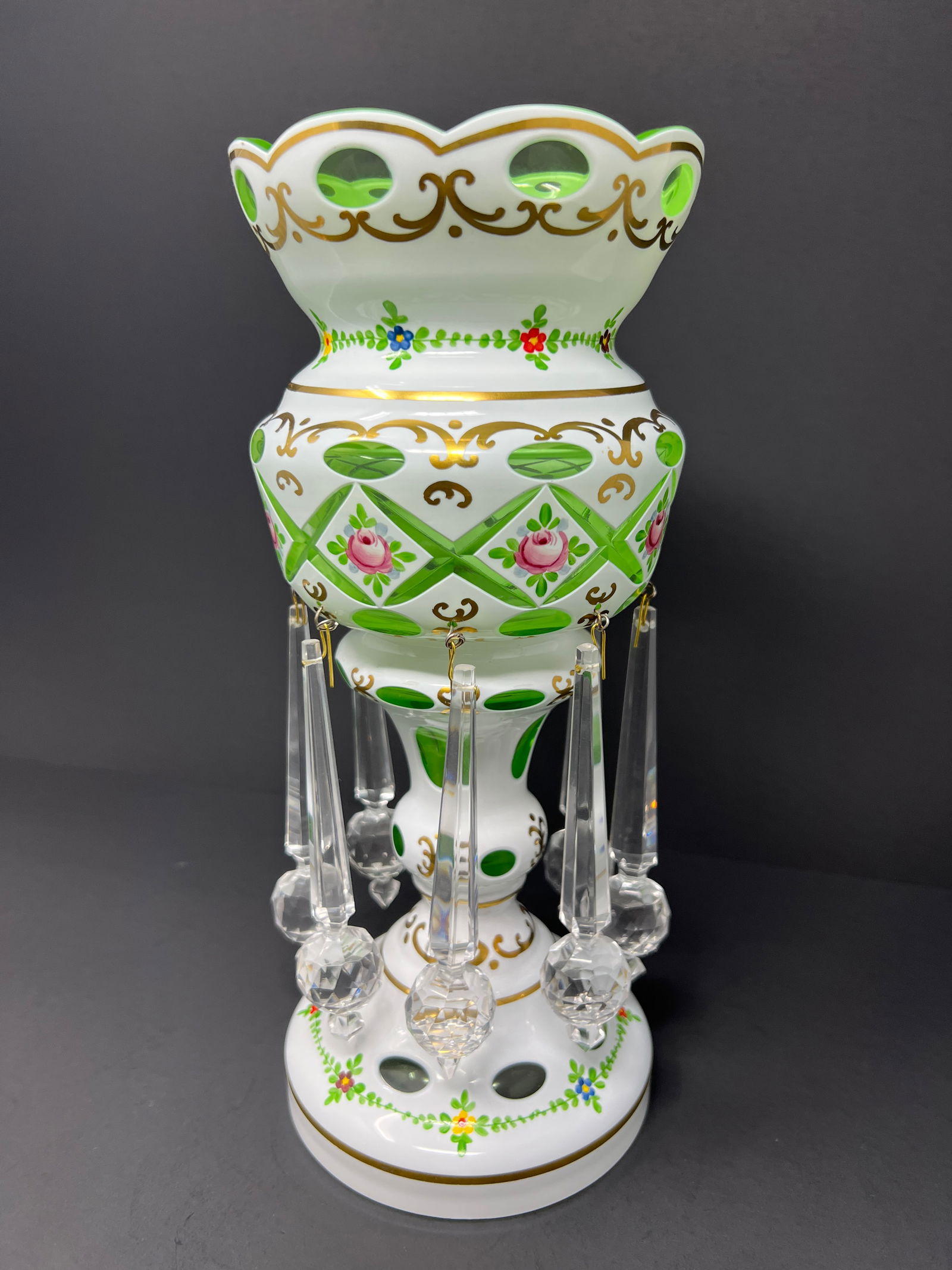 Vintage Bohemian Czech Green Overlay Luster Vase With Crystal Prisms, Hand-Painted Roses, Hollywood - 2