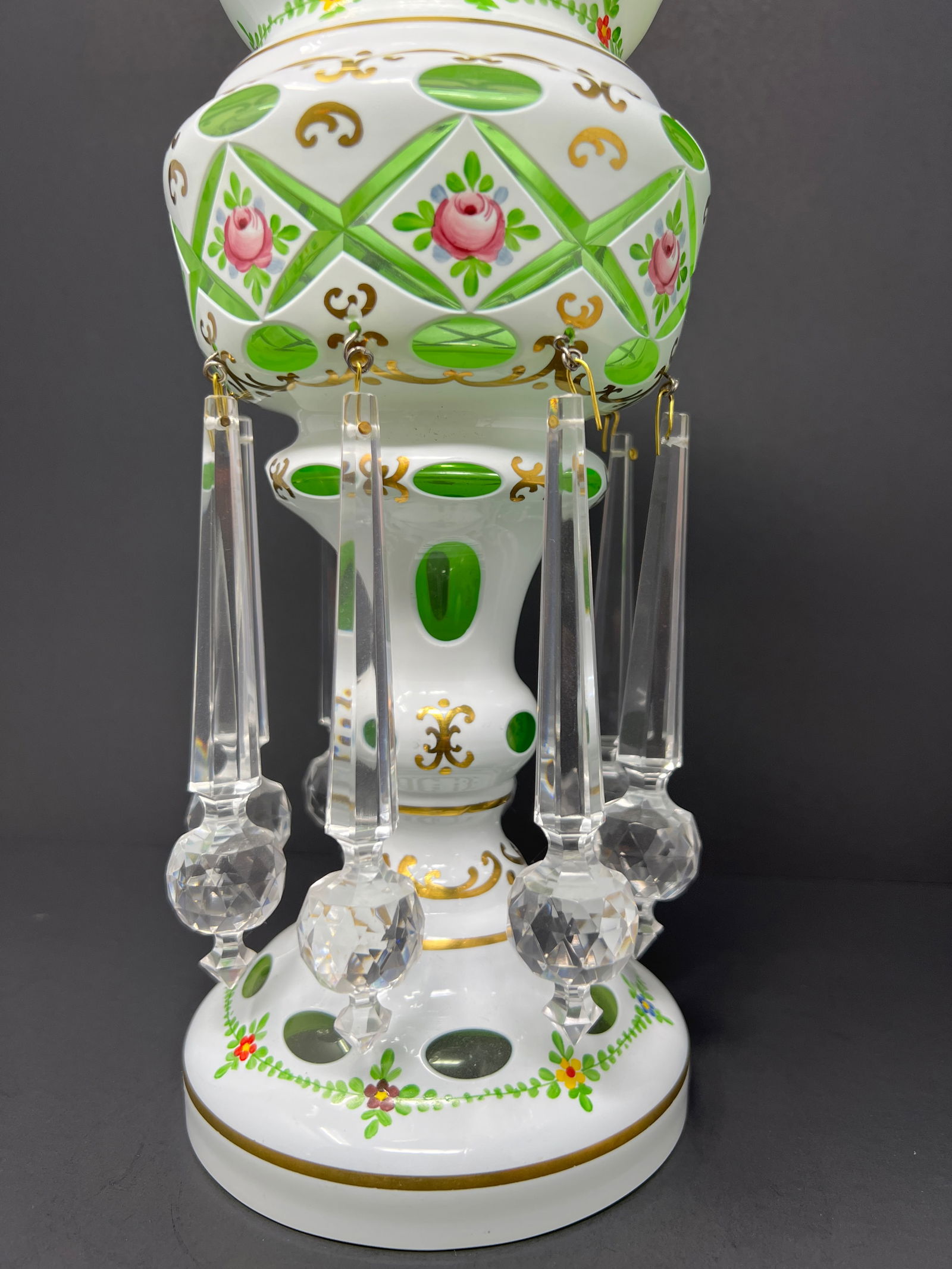 Vintage Bohemian Czech Green Overlay Luster Vase With Crystal Prisms, Hand-Painted Roses, Hollywood - 3