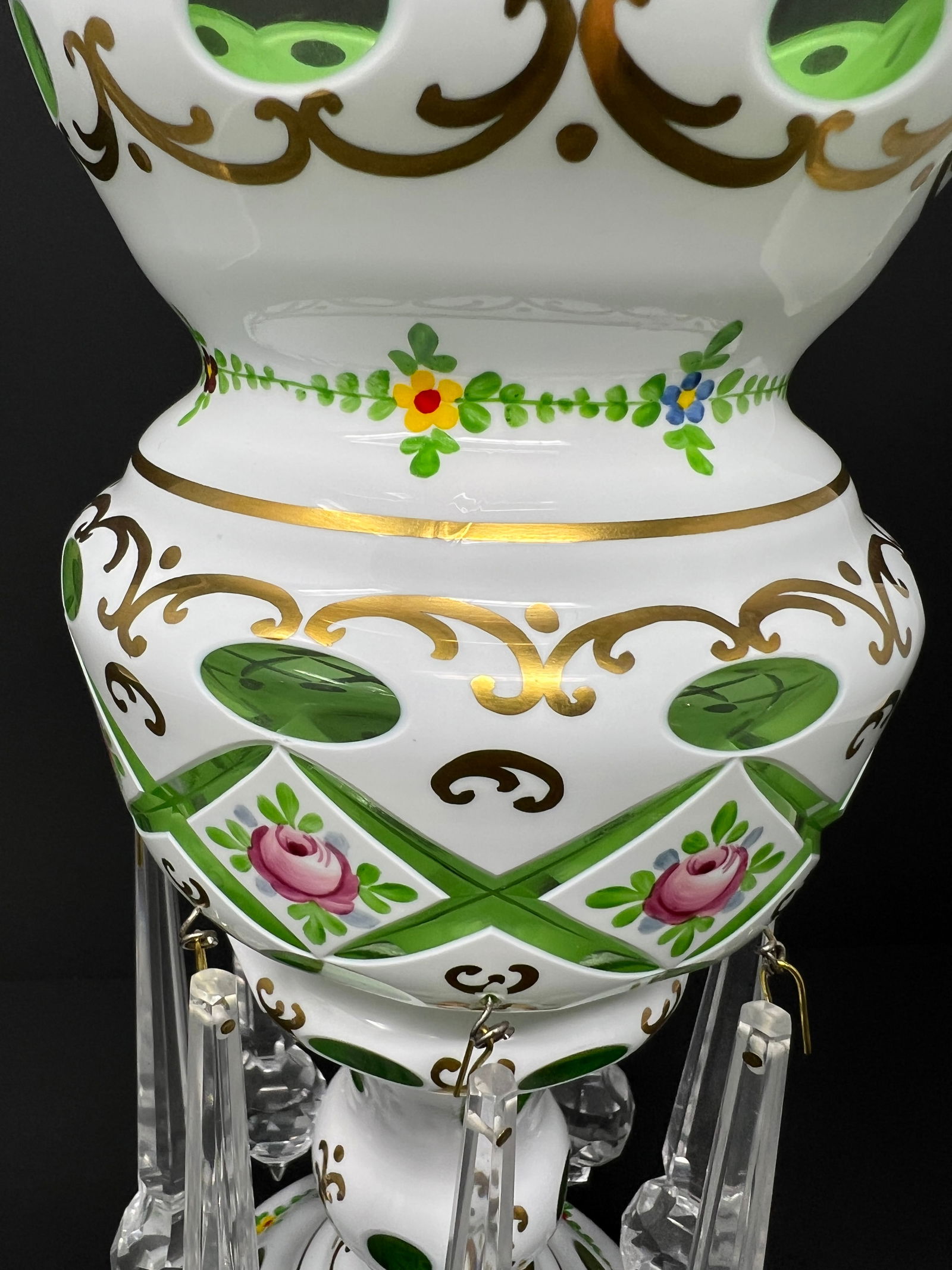 Vintage Bohemian Czech Green Overlay Luster Vase With Crystal Prisms, Hand-Painted Roses, Hollywood - 4