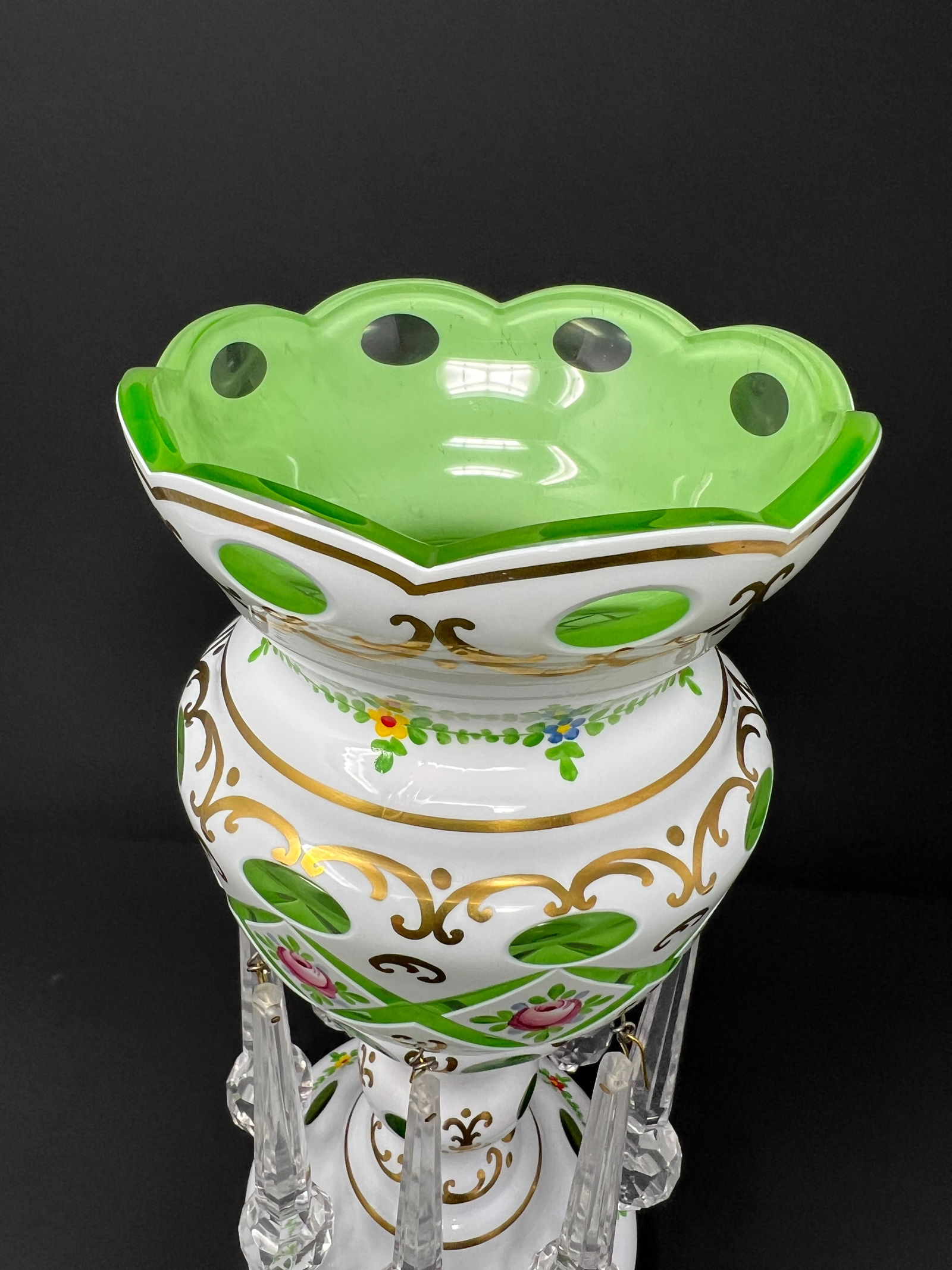 Vintage Bohemian Czech Green Overlay Luster Vase With Crystal Prisms, Hand-Painted Roses, Hollywood - 5